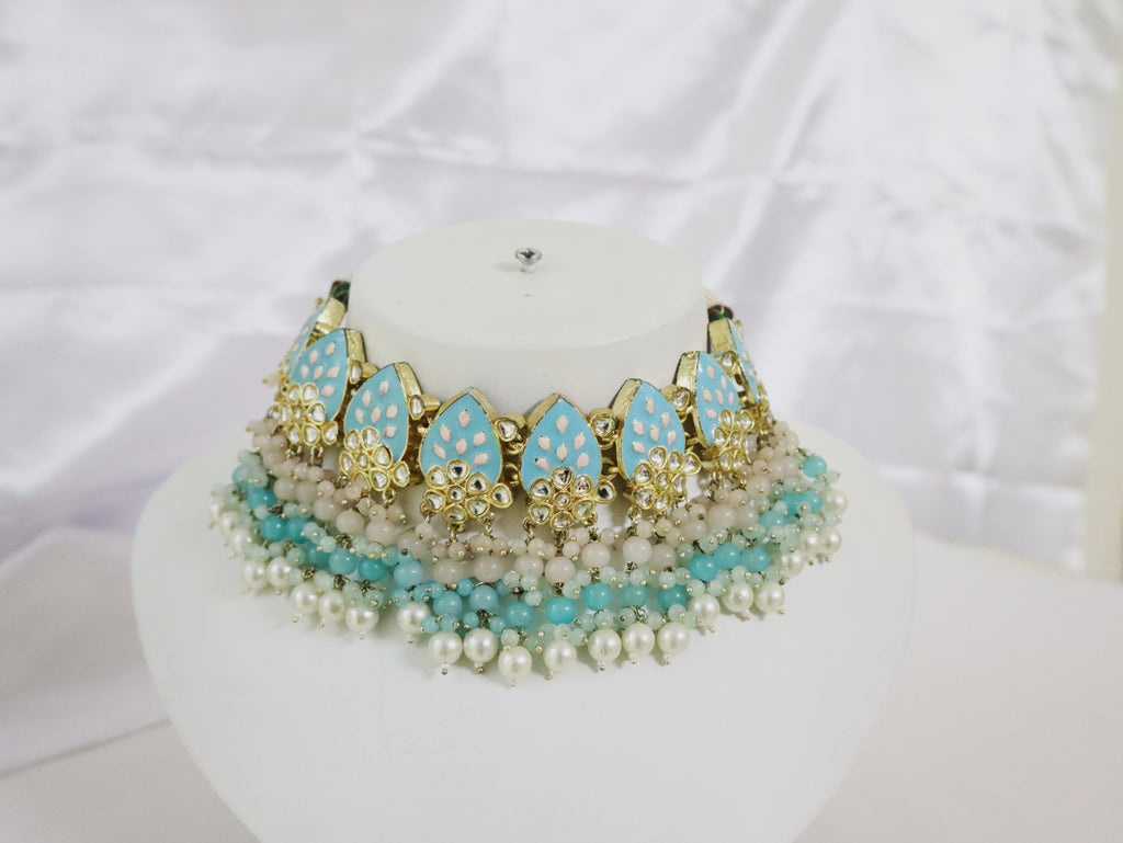 Meenakari Sky Blue Mango Motif Choker Set