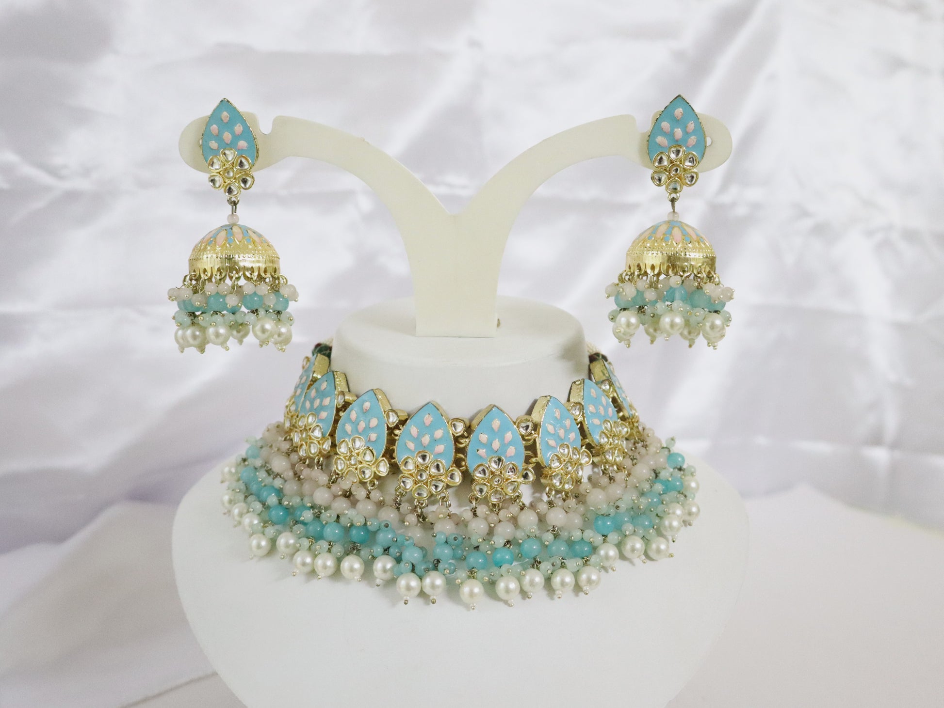 Meenakari Sky Blue Mango Motif Choker Set