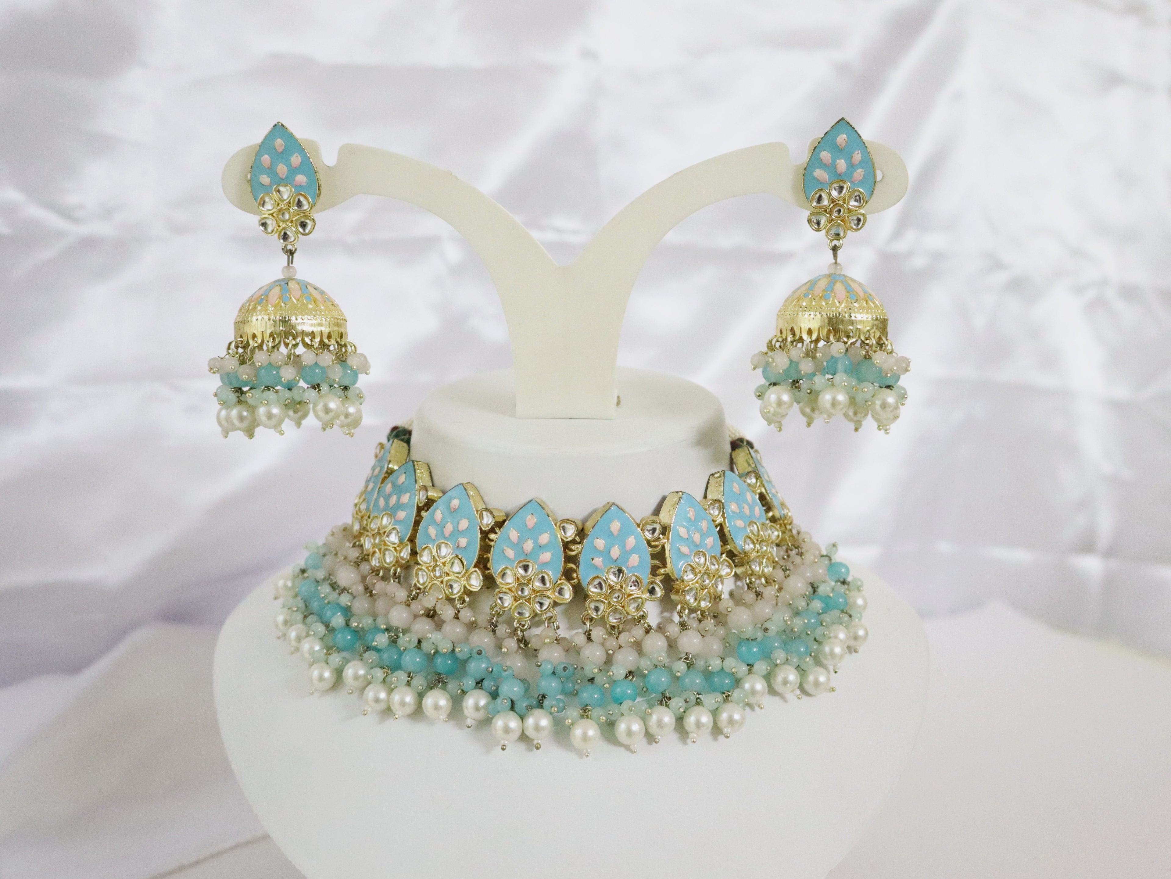 Meenakari Sky Blue Mango Motif Choker Set