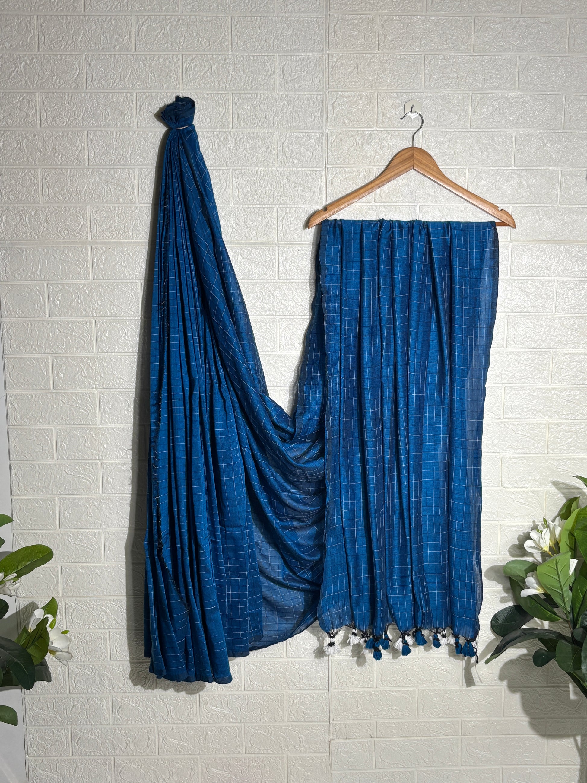 Indigo Blue Checkered Cotton Dupatta with Tassels