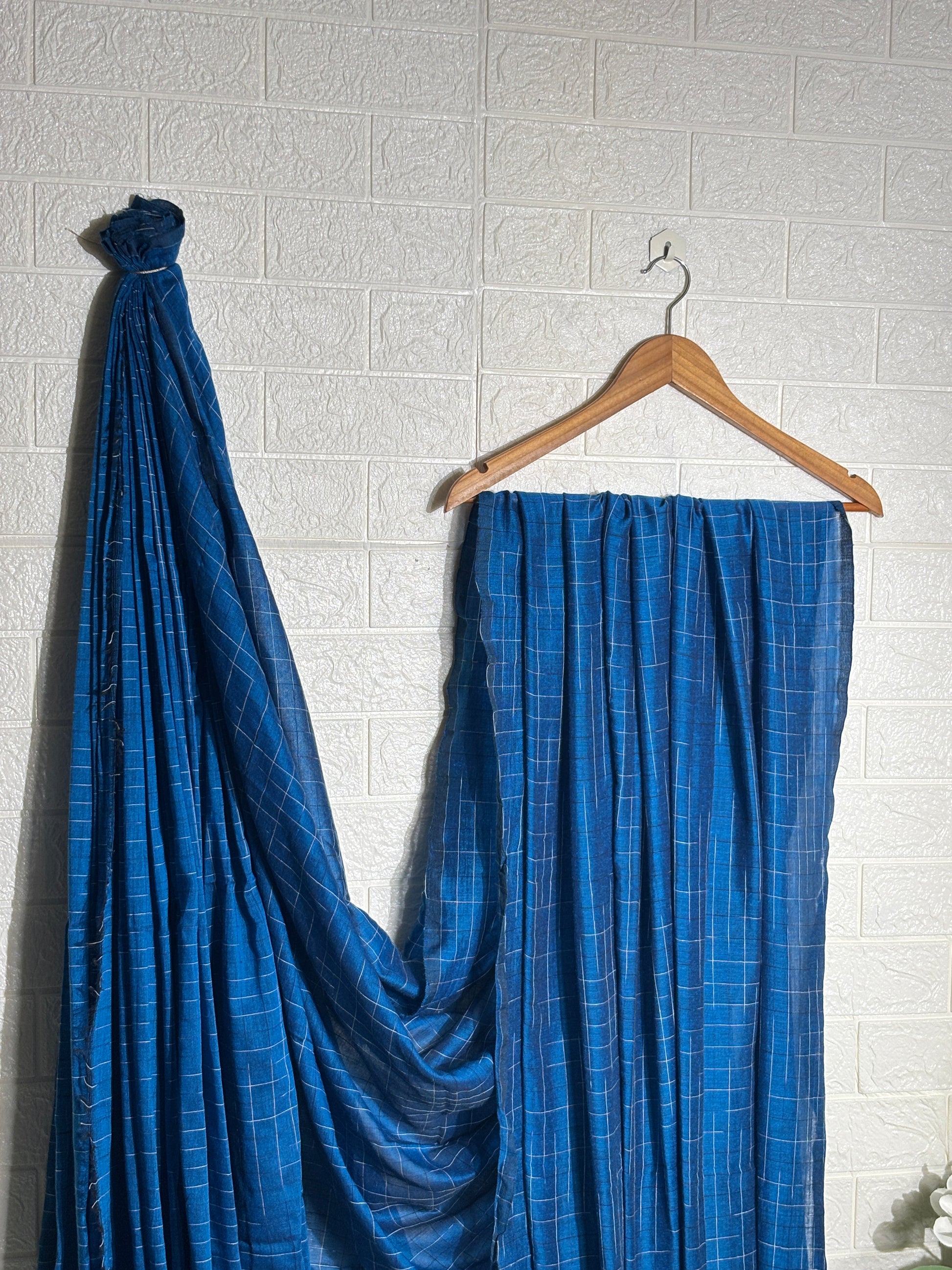 Indigo Blue Checkered Cotton Dupatta with Tassels