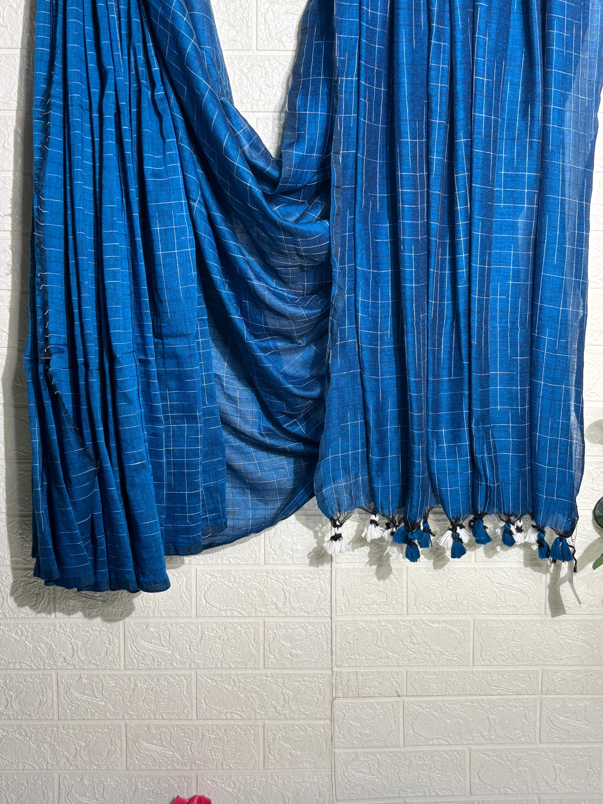 Indigo Blue Checkered Cotton Dupatta with Tassels