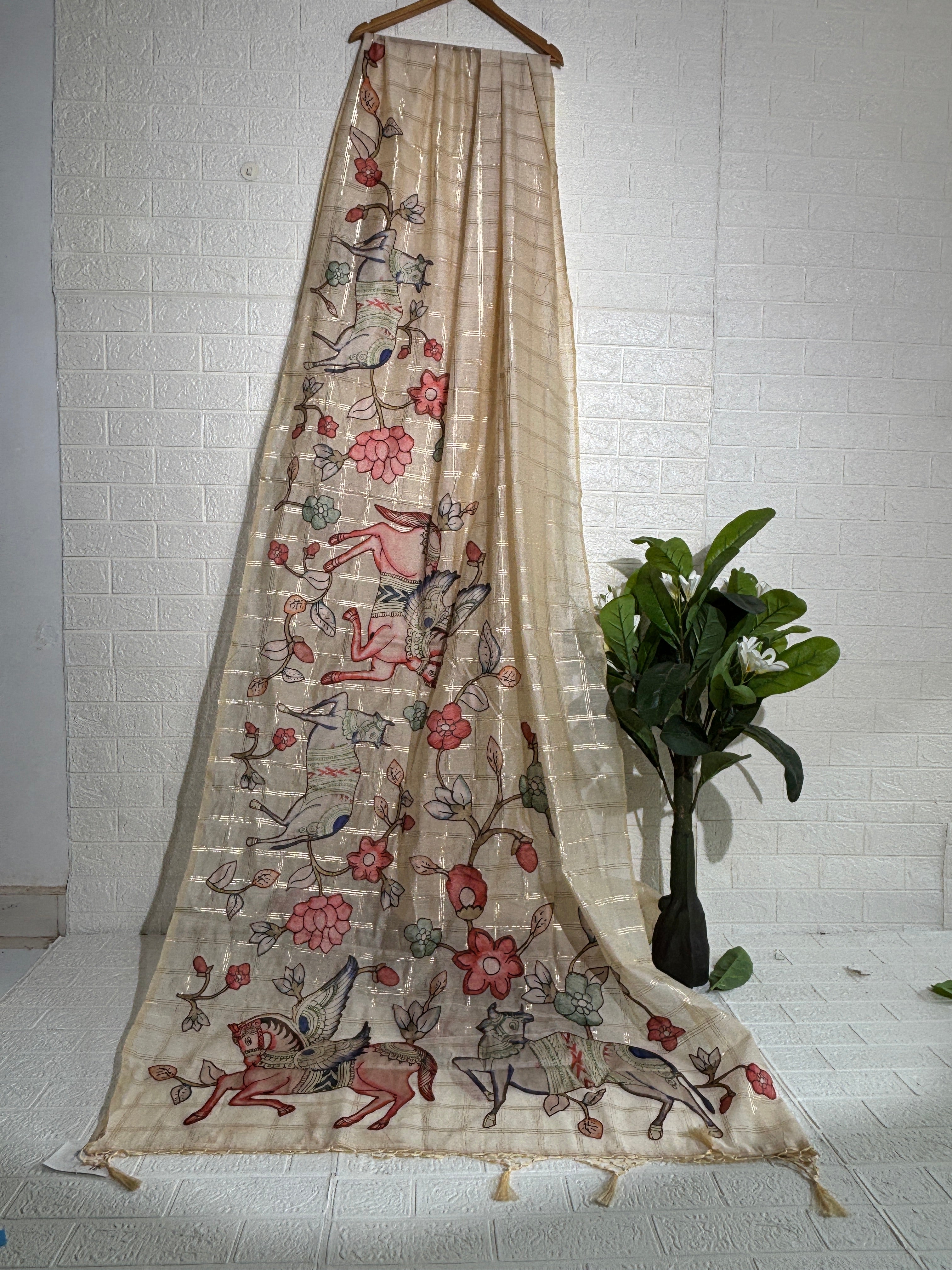 Hand-painted silk saree featuring mythical