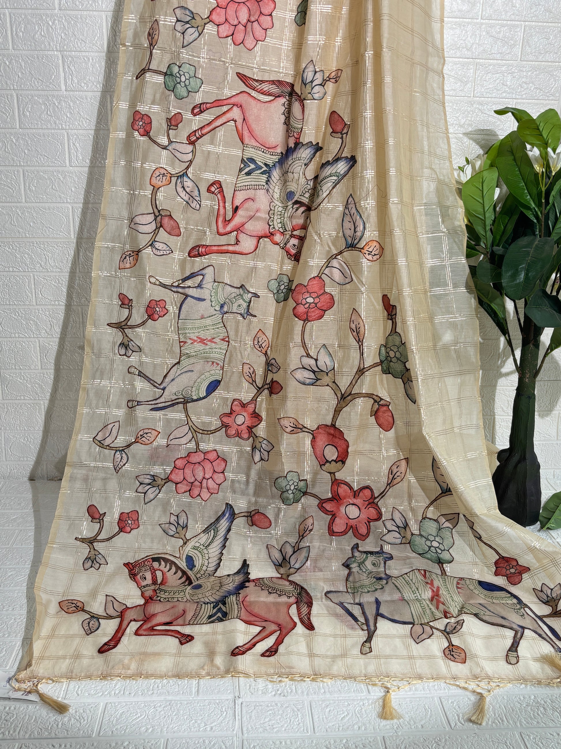 Hand-painted silk saree featuring mythical