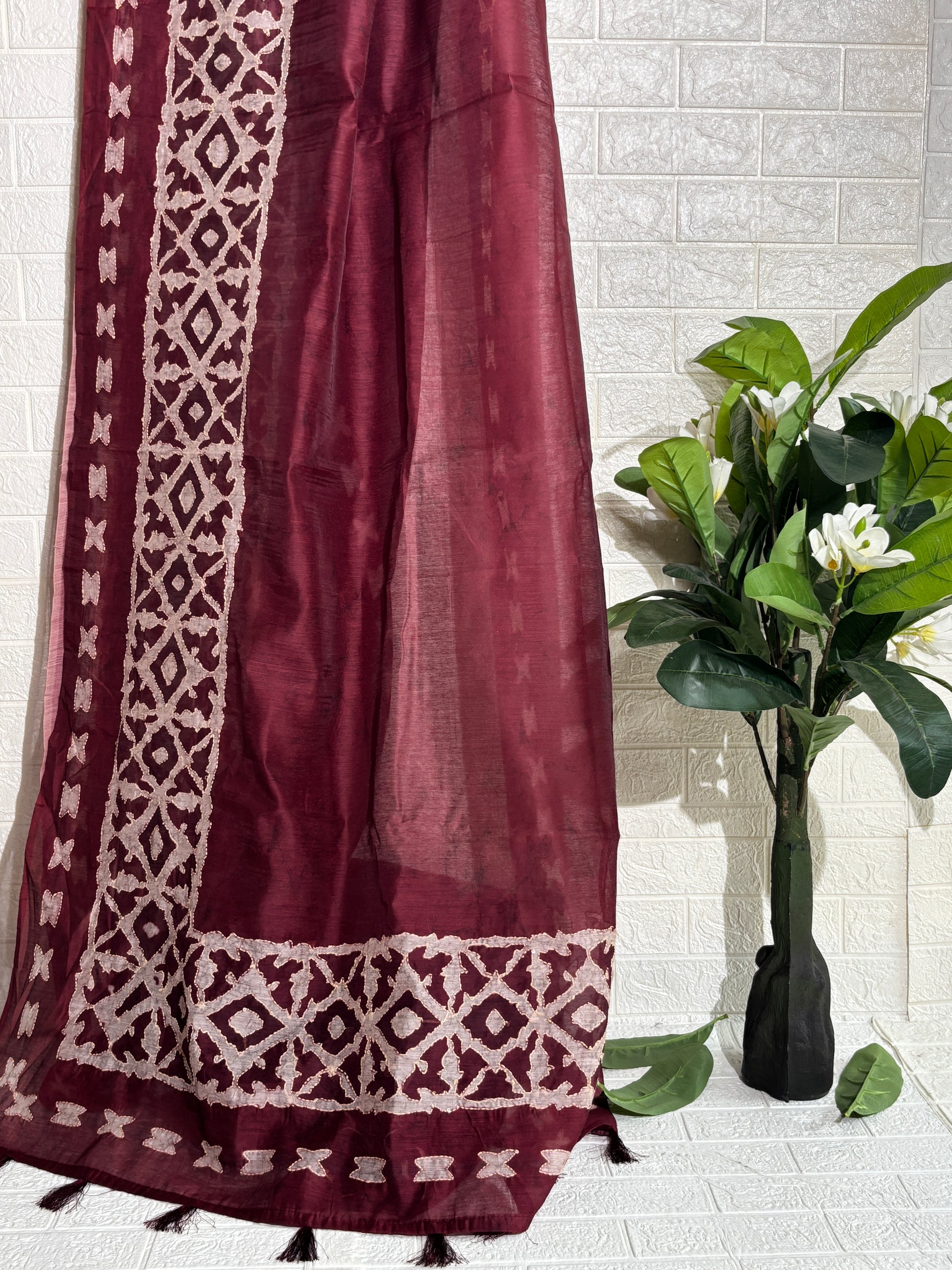 Maroon Handloom Chanderi Silk Saree with Kath Work and Geometric Border
