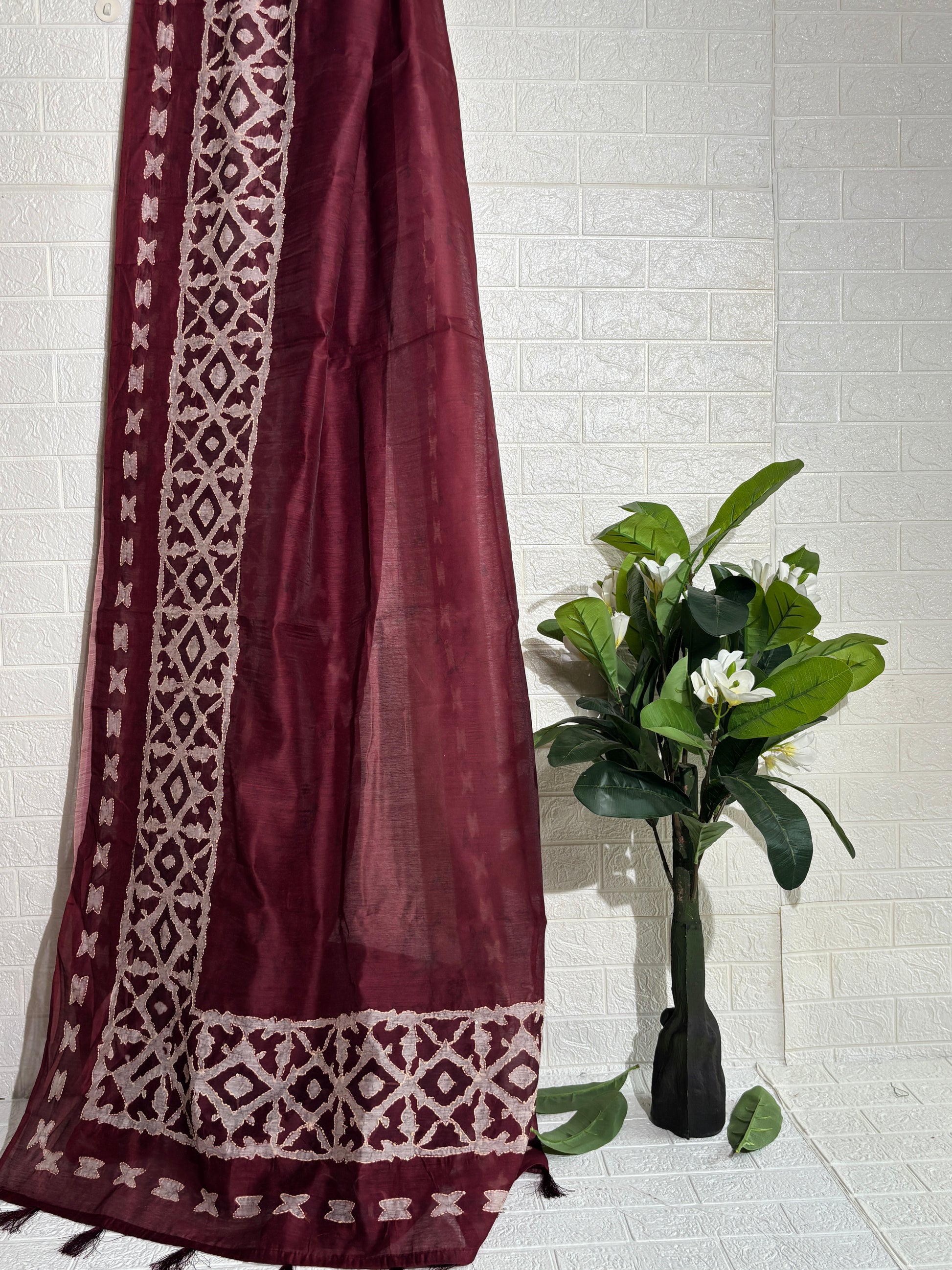 Maroon Handloom Chanderi Silk Saree with Kath Work and Geometric Border