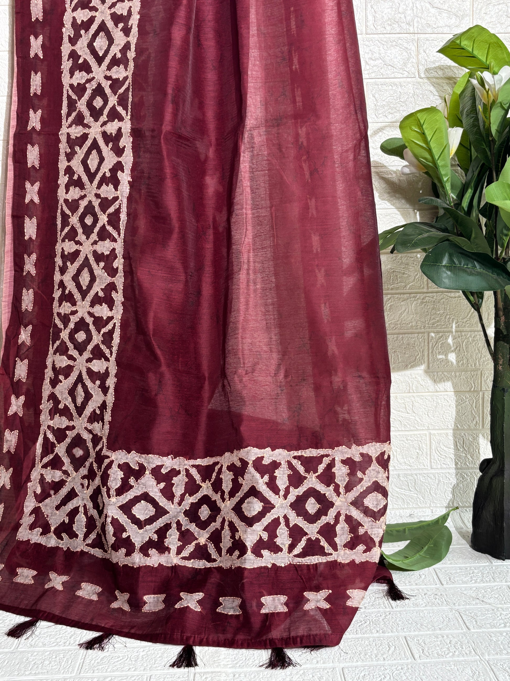 Maroon Handloom Chanderi Silk Saree with Kath Work and Geometric Border