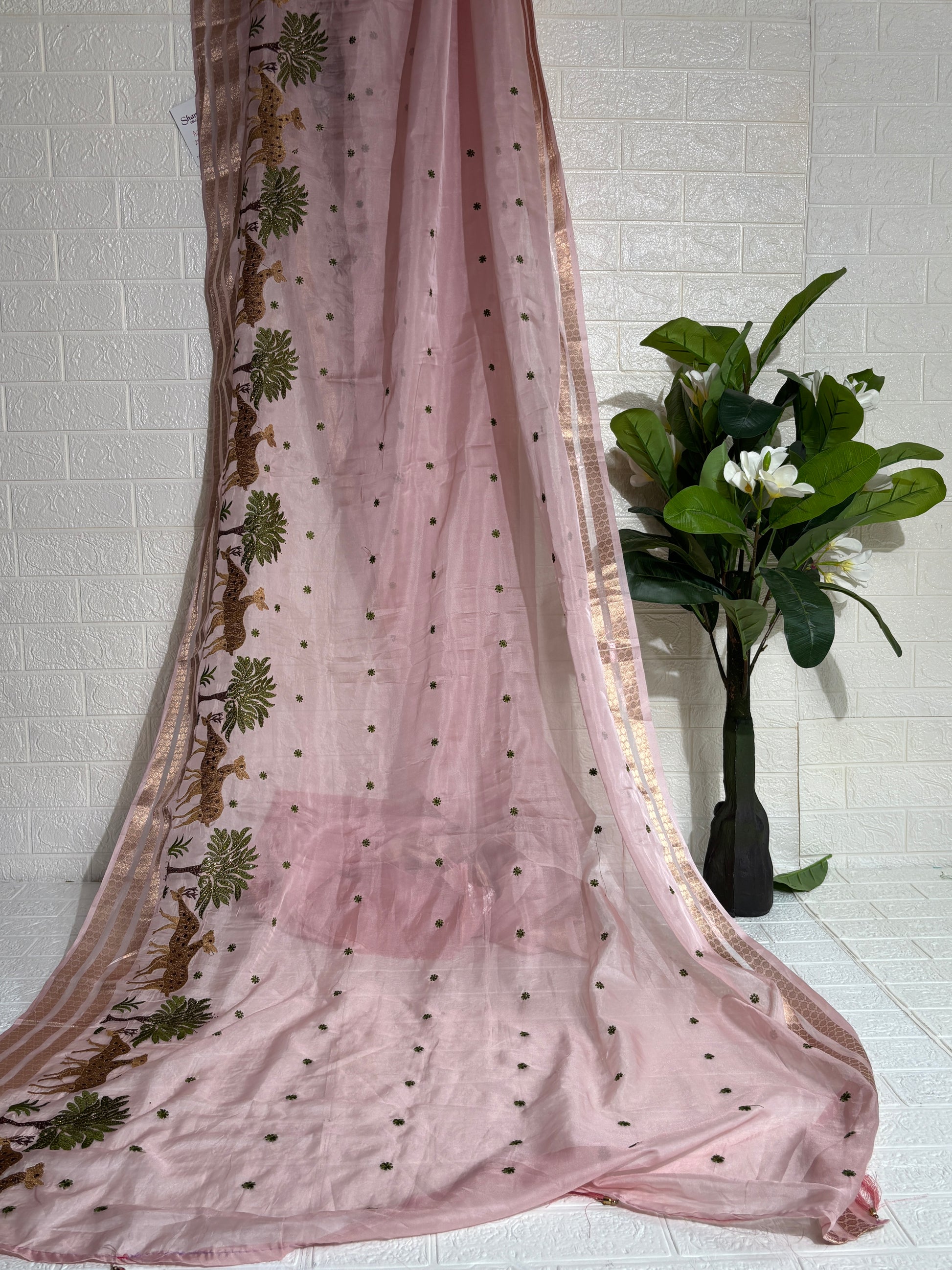 Baby Pink Chanderi Silk Saree with Embroidered Jungle Motif Border