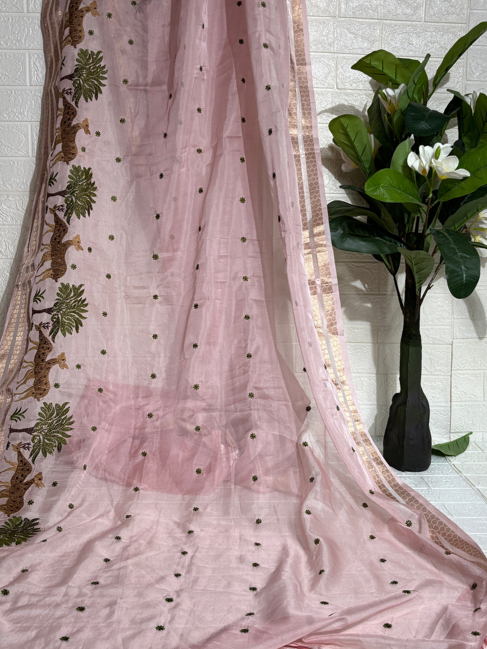 Baby Pink Chanderi Silk Saree with Embroidered Jungle Motif Border