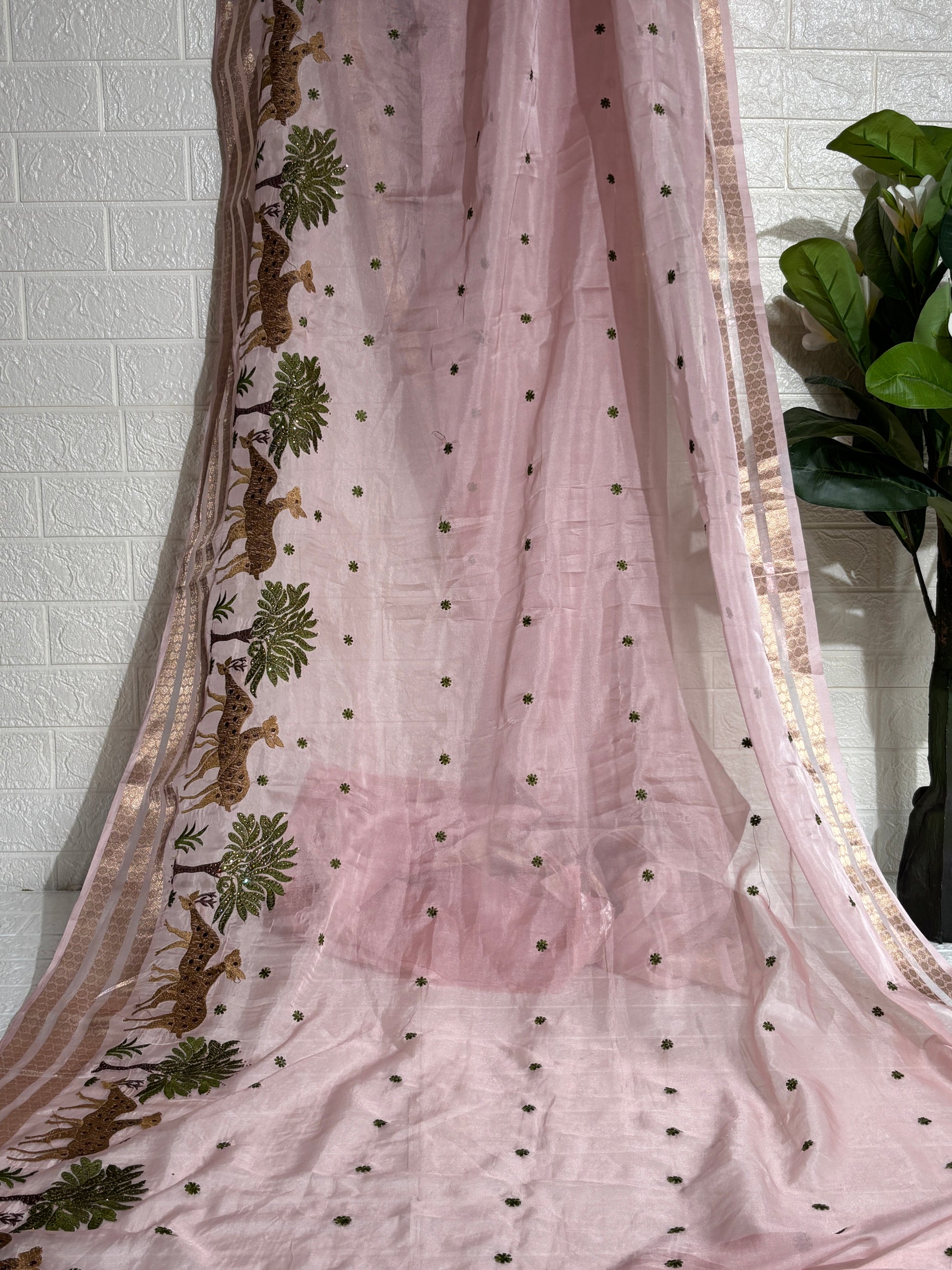 Baby Pink Chanderi Silk Saree with Embroidered Jungle Motif Border