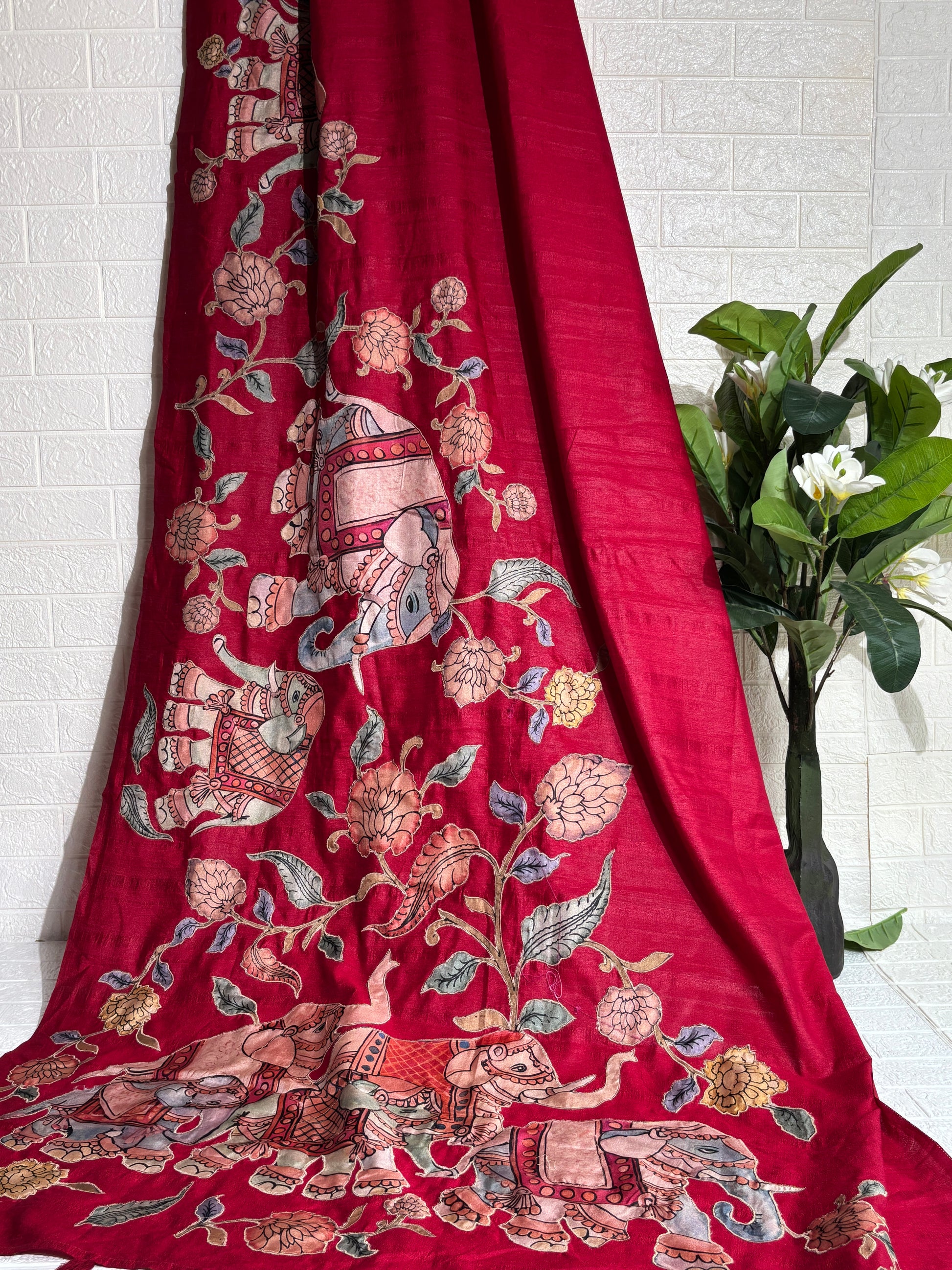 Maroon Raw Silk Saree with Hand-Painted Royal Elephant Motif