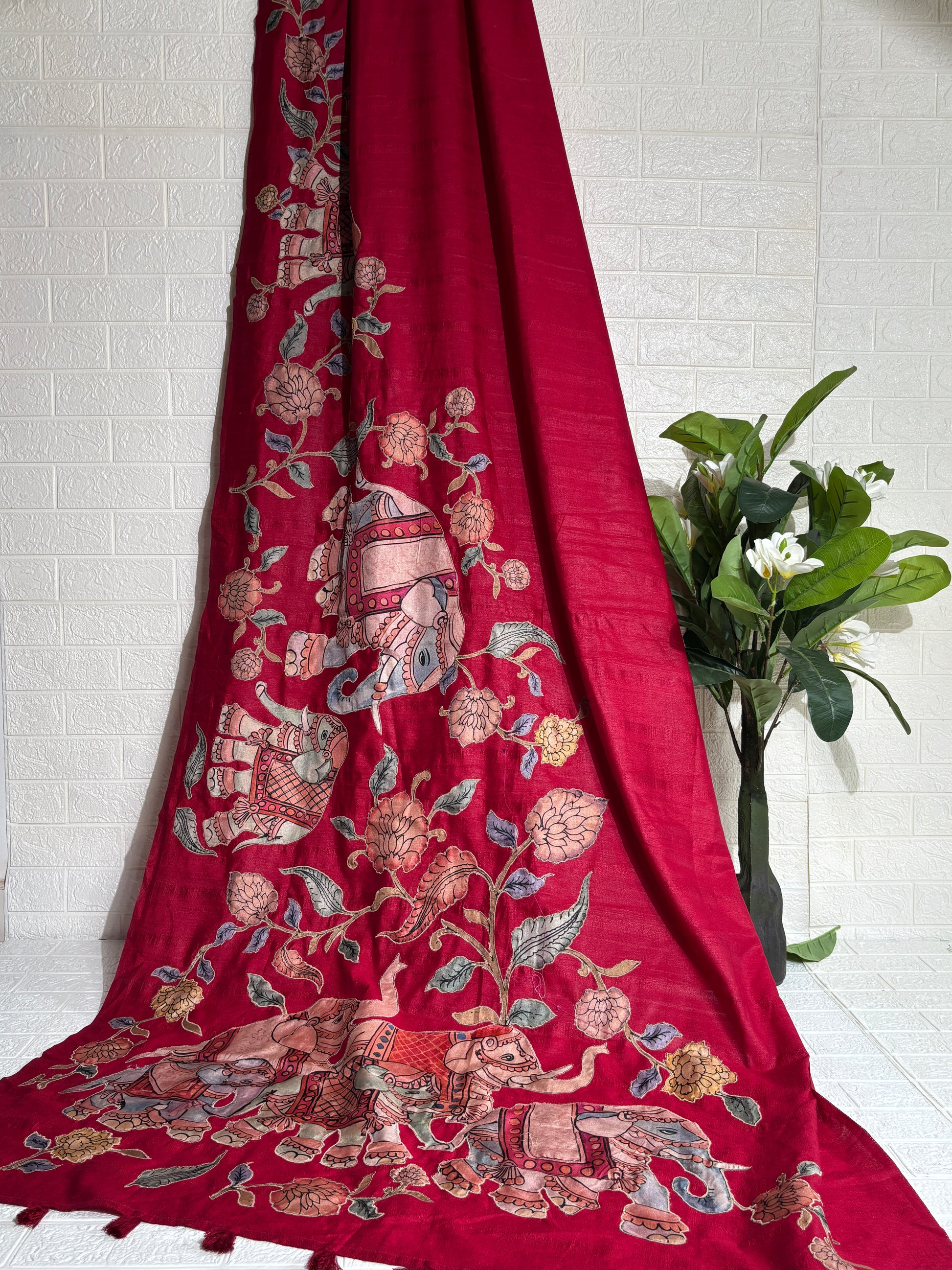 Maroon Raw Silk Saree with Hand-Painted Royal Elephant Motif