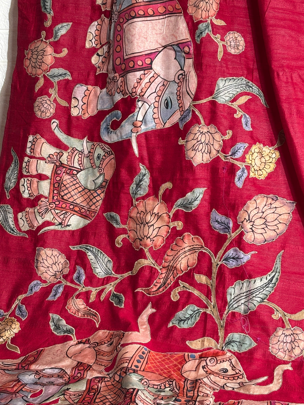 Maroon Raw Silk Saree with Hand-Painted Royal Elephant Motif