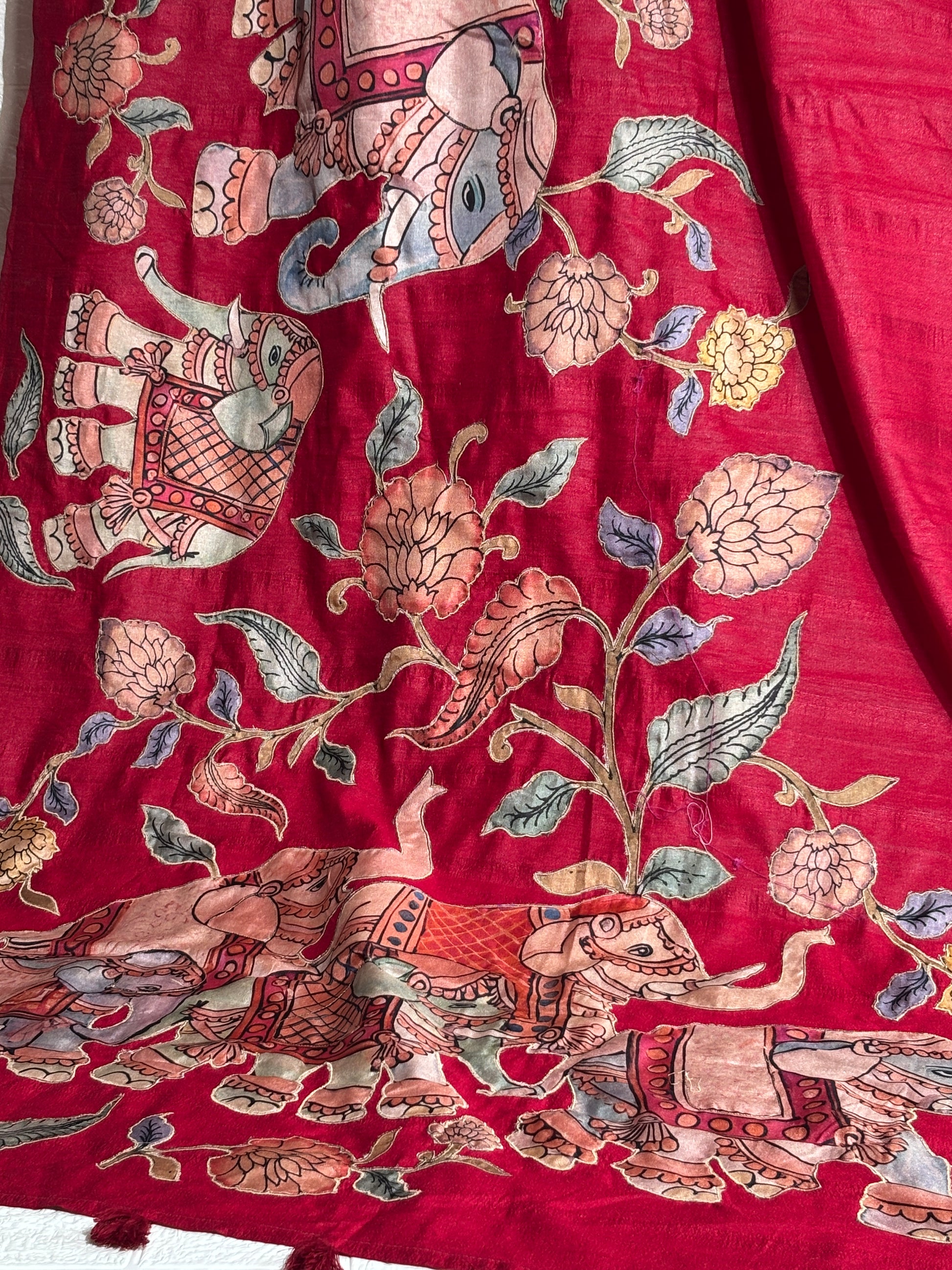 Maroon Raw Silk Saree with Hand-Painted Royal Elephant Motif