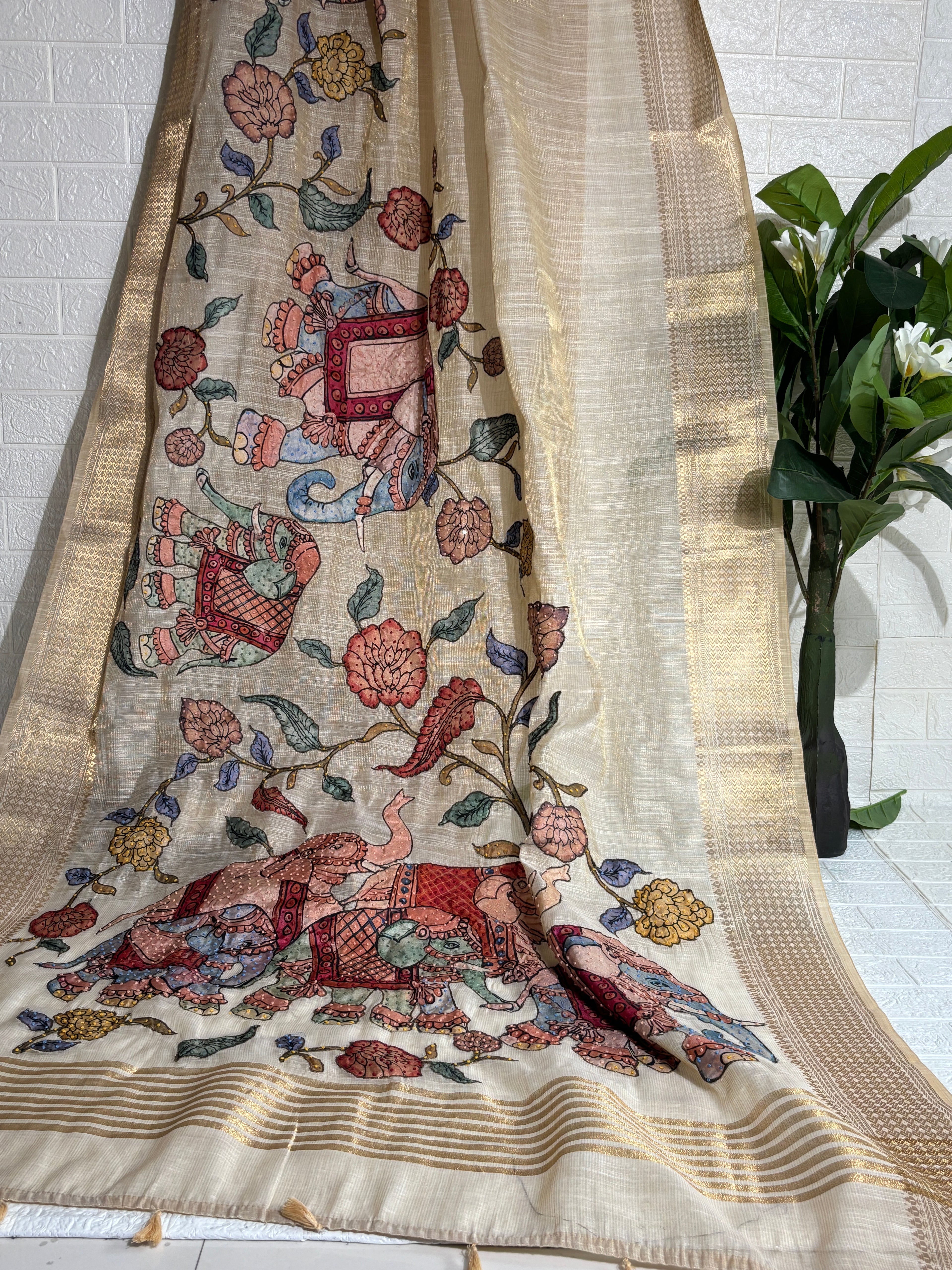 Ivory Jute Silk Saree with Hand-Painted Royal Elephant Motif