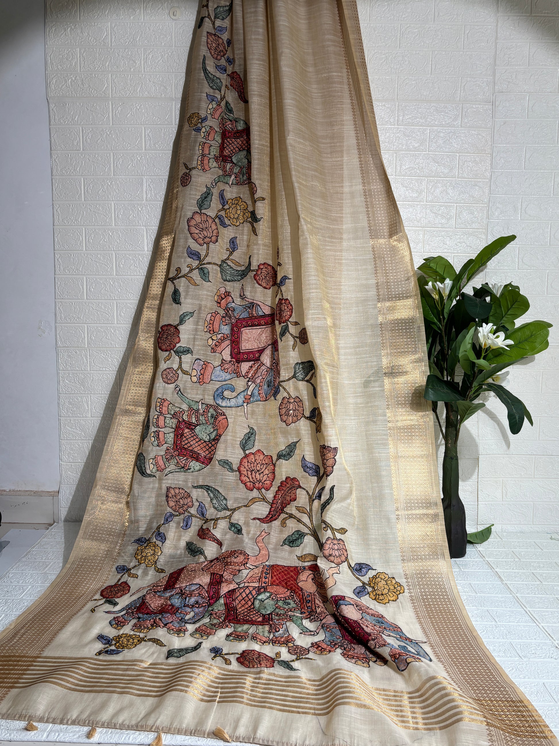 Ivory Jute Silk Saree with Hand-Painted Royal Elephant Motif