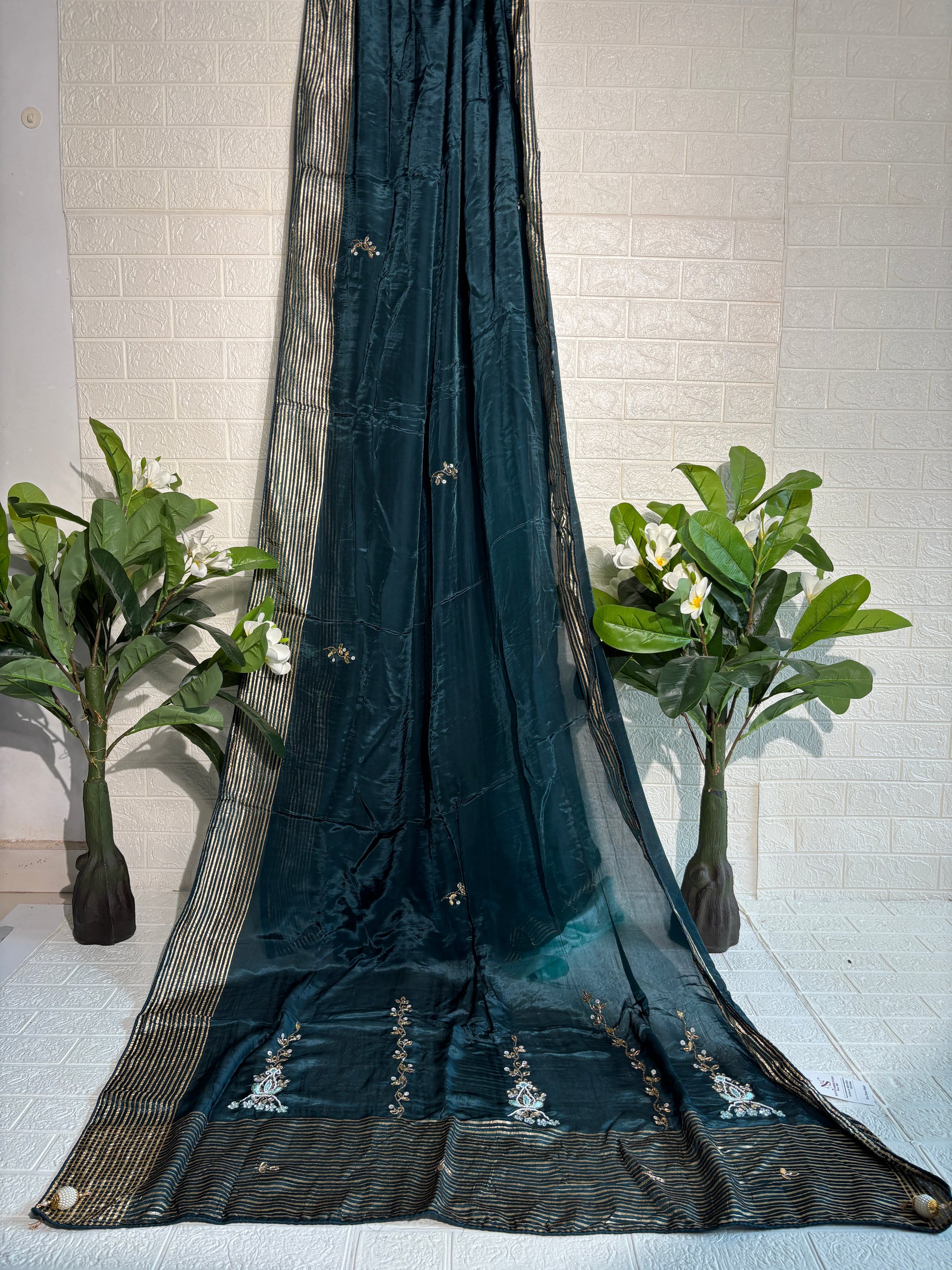Midnight Teal Silk Saree with Gold Embroidery