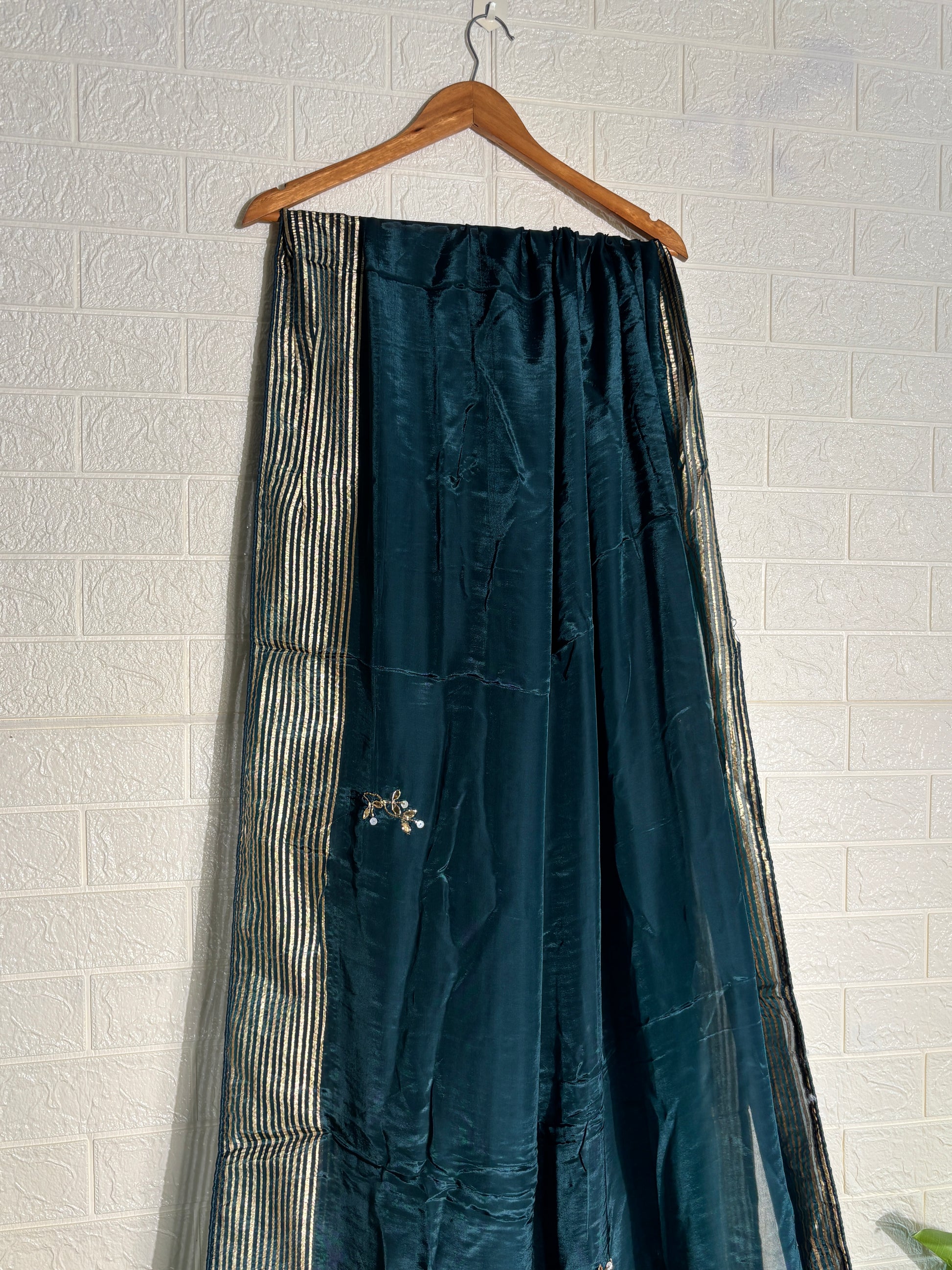 Midnight Teal Silk Saree with Gold Embroidery