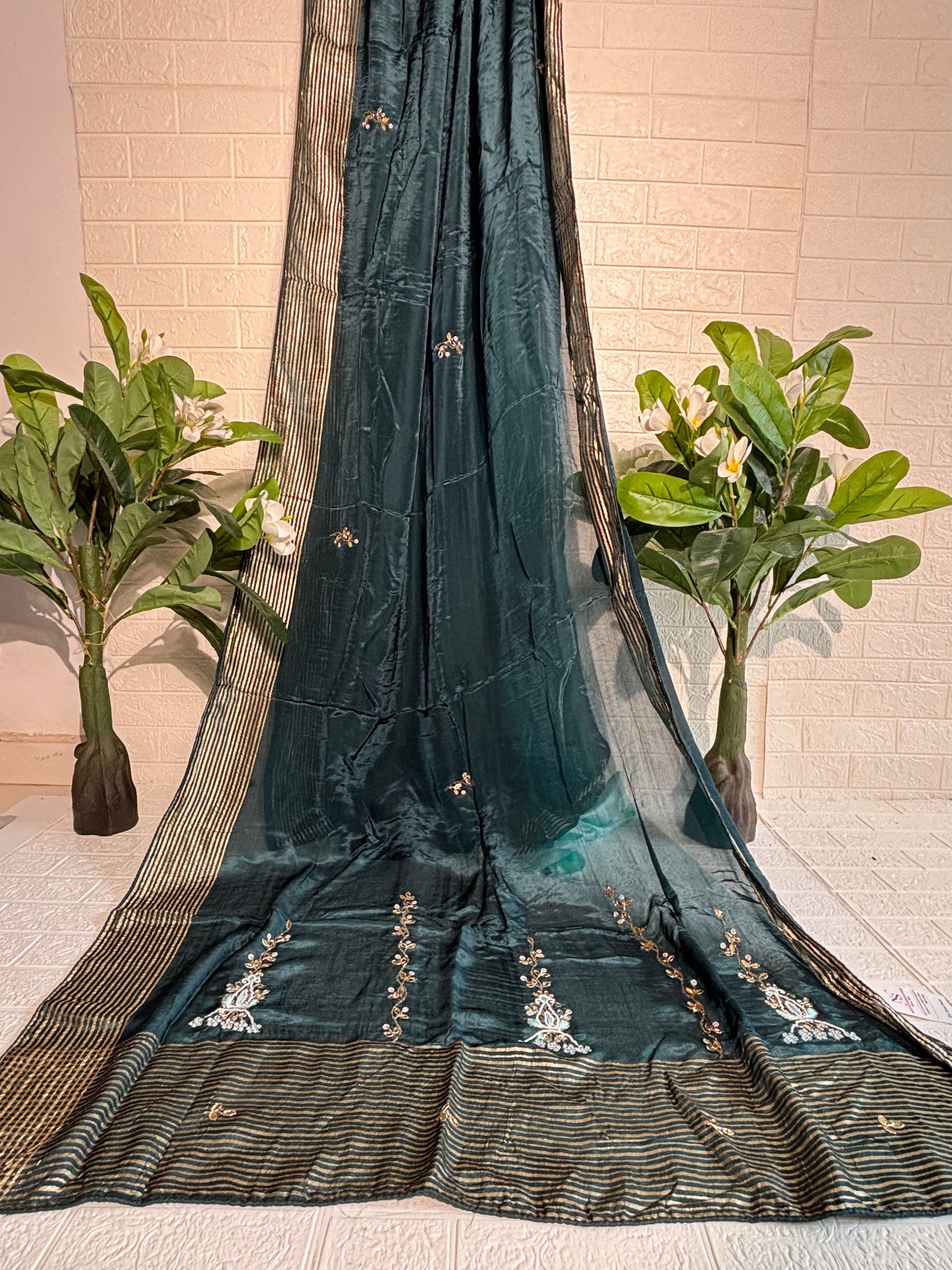 Midnight Teal Silk Saree with Gold Embroidery