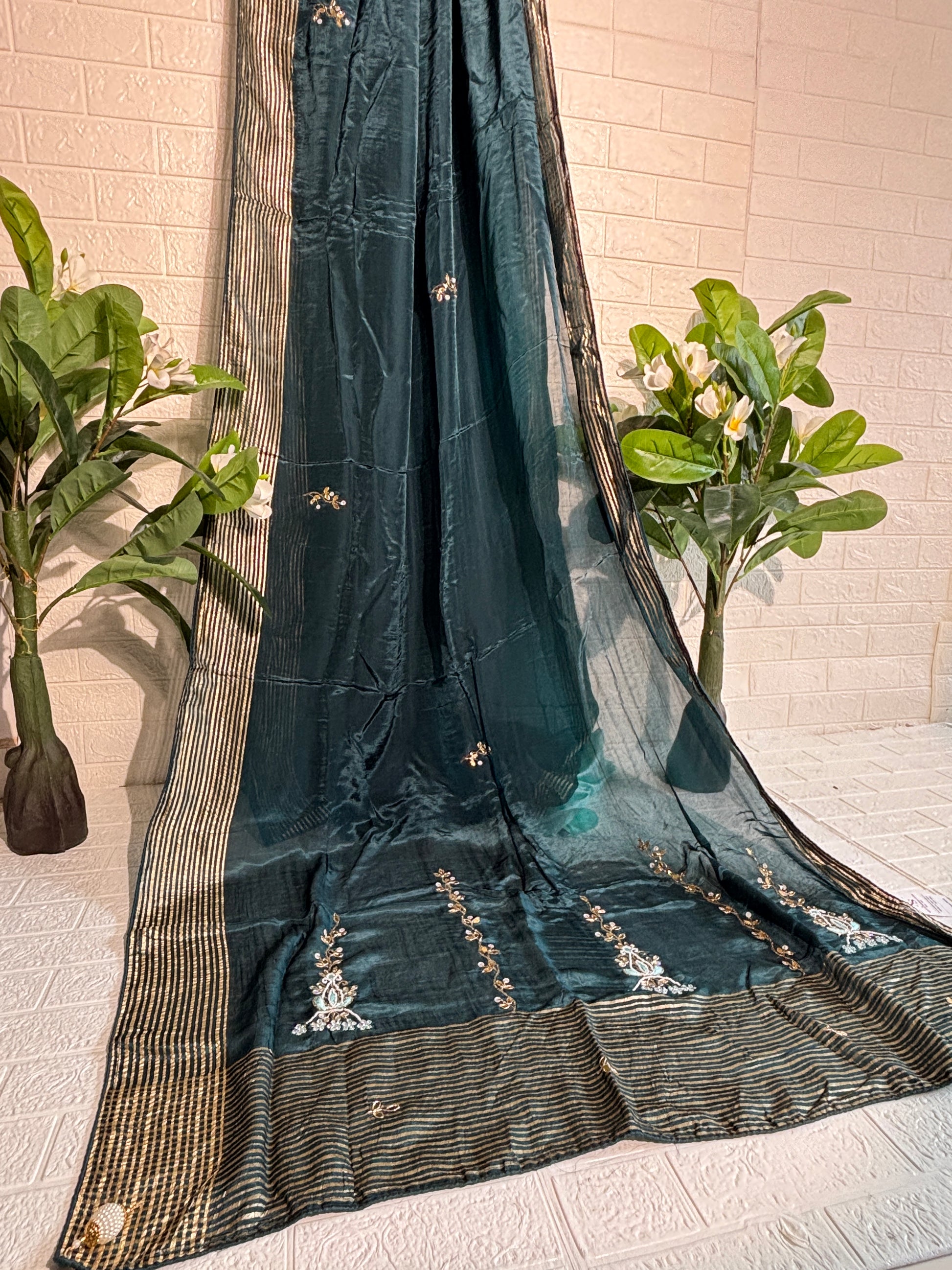 Midnight Teal Silk Saree with Gold Embroidery