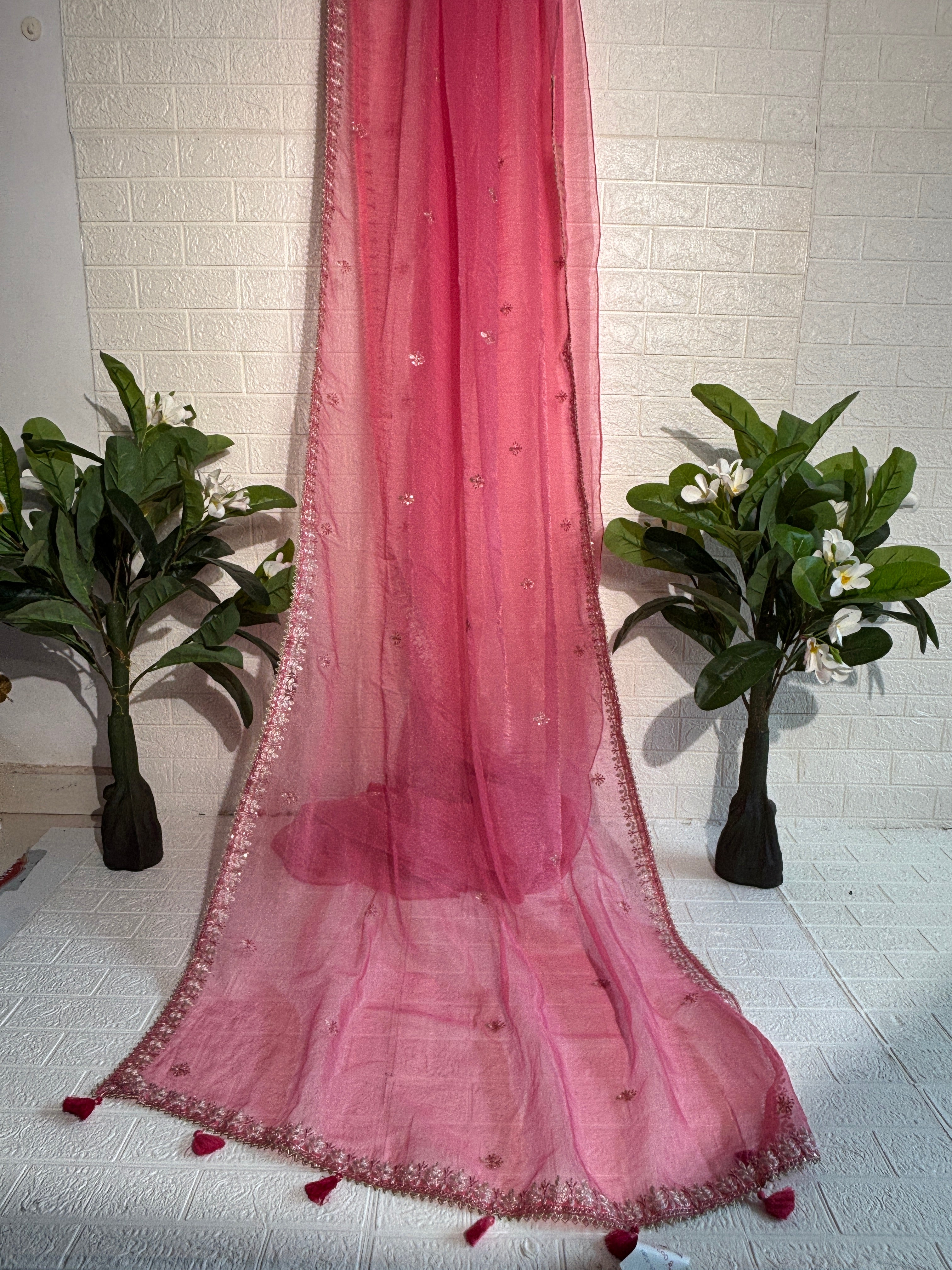 Rose Pink Organza Saree with Subtle Sequin Embroidery