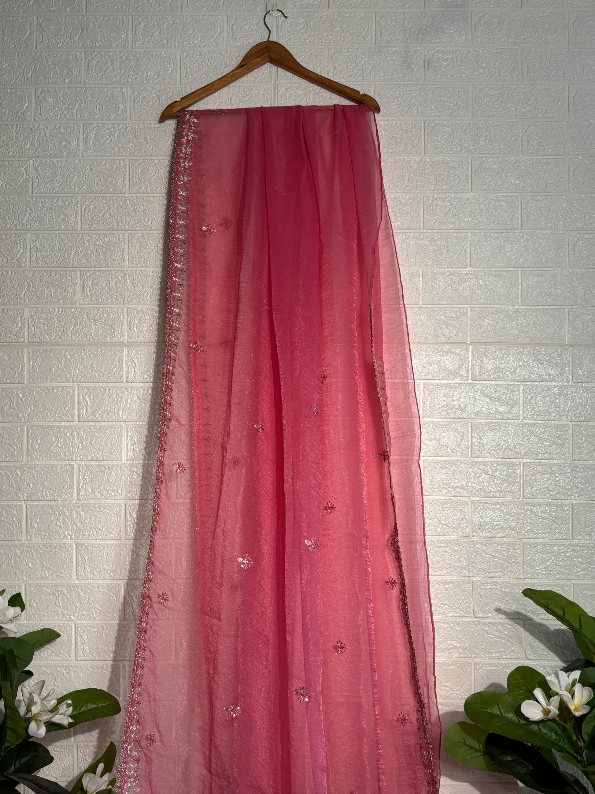 Rose Pink Organza Saree with Subtle Sequin Embroidery