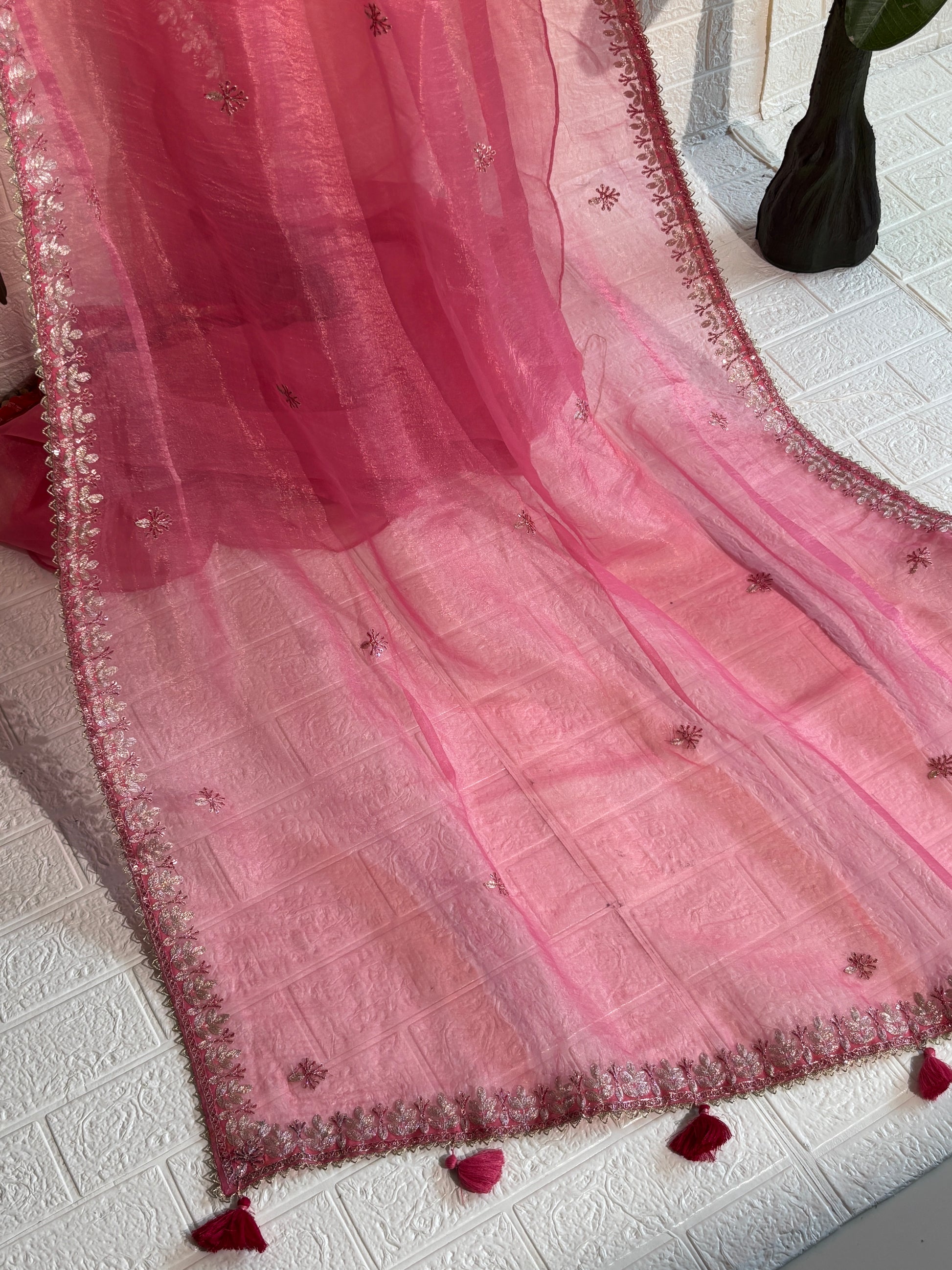 Rose Pink Organza Saree with Subtle Sequin Embroidery