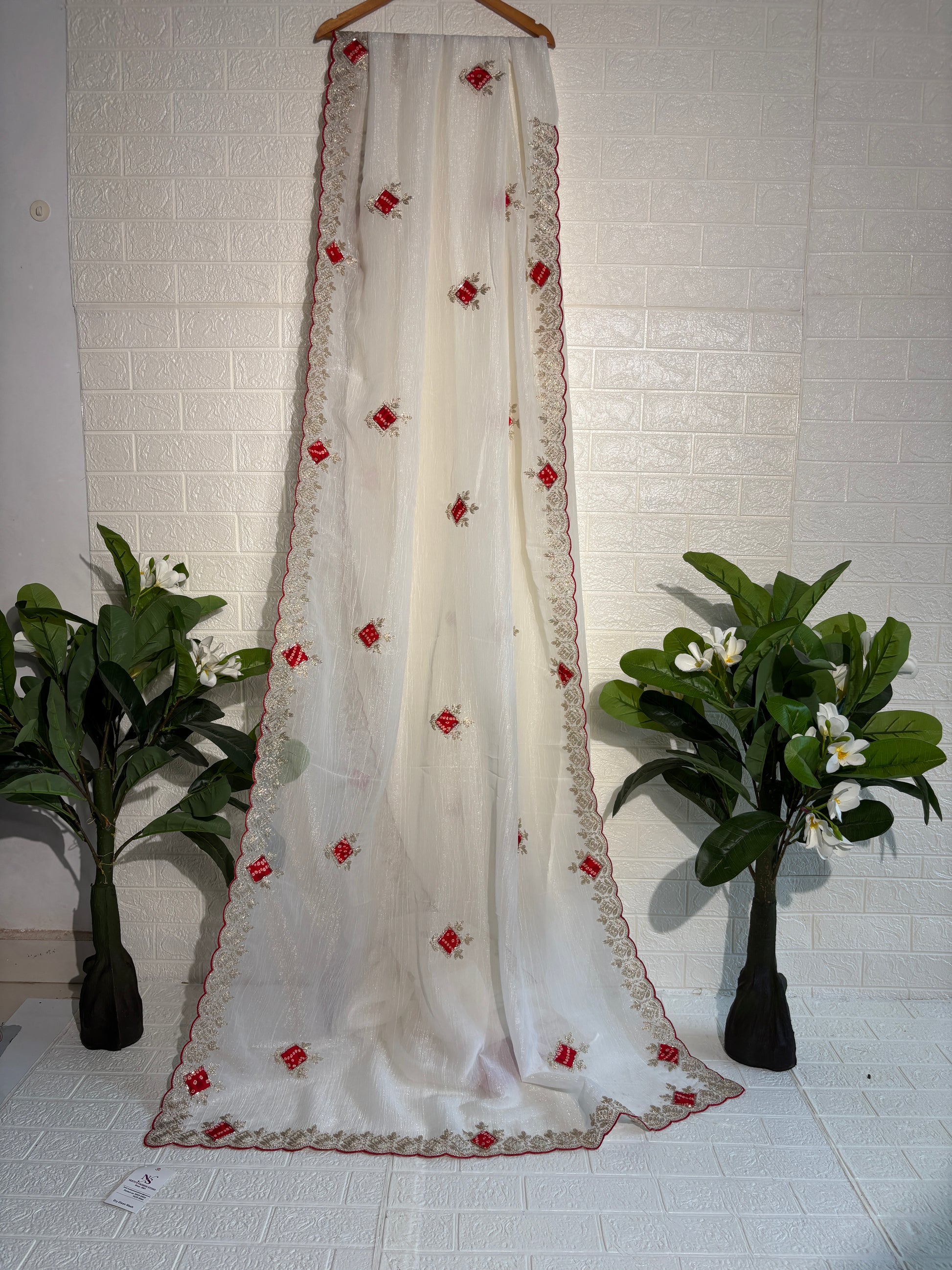 Ivory Soft Silk Saree with Red and Gold Embroidery