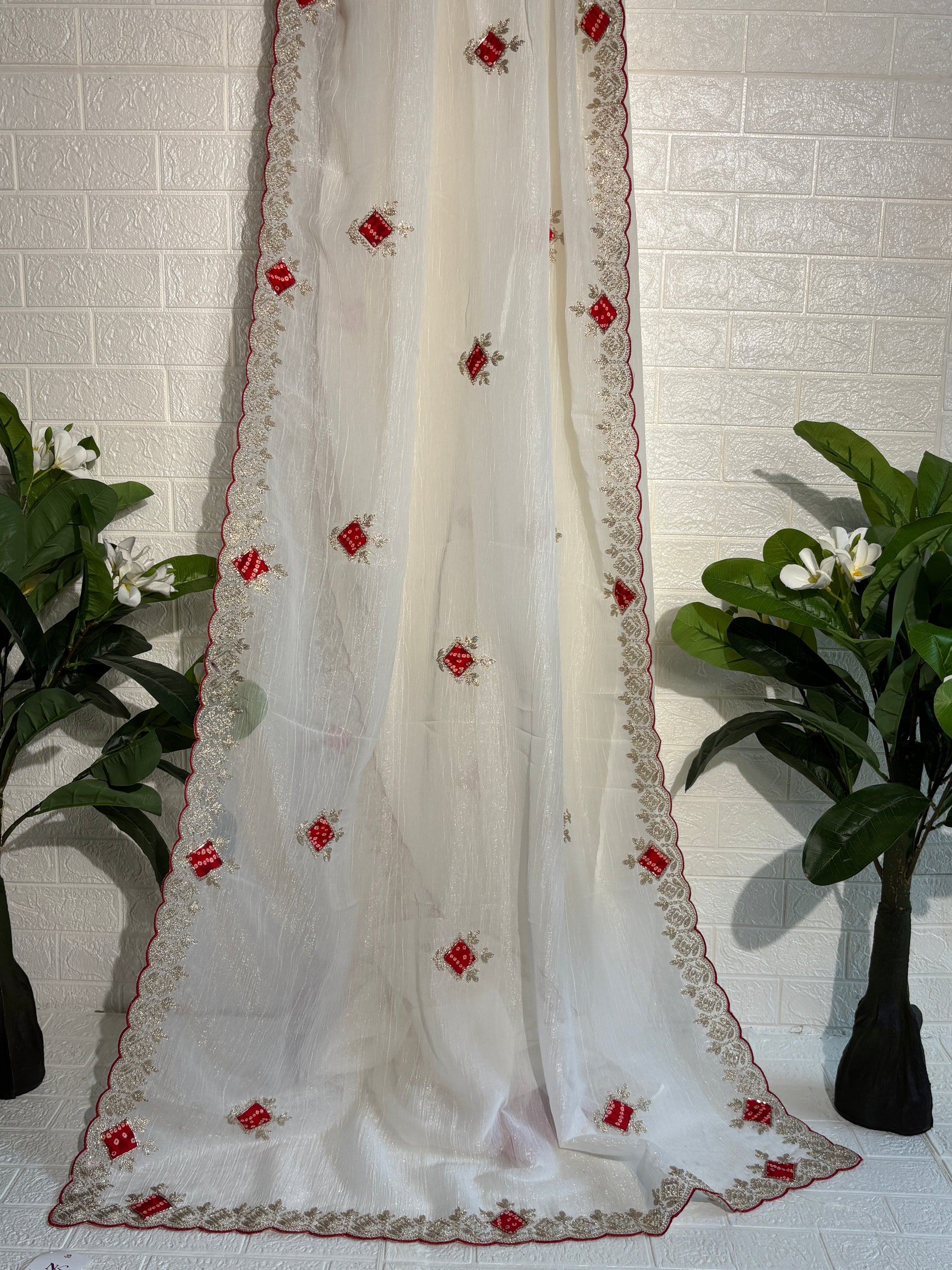 Ivory Soft Silk Saree with Red and Gold Embroidery