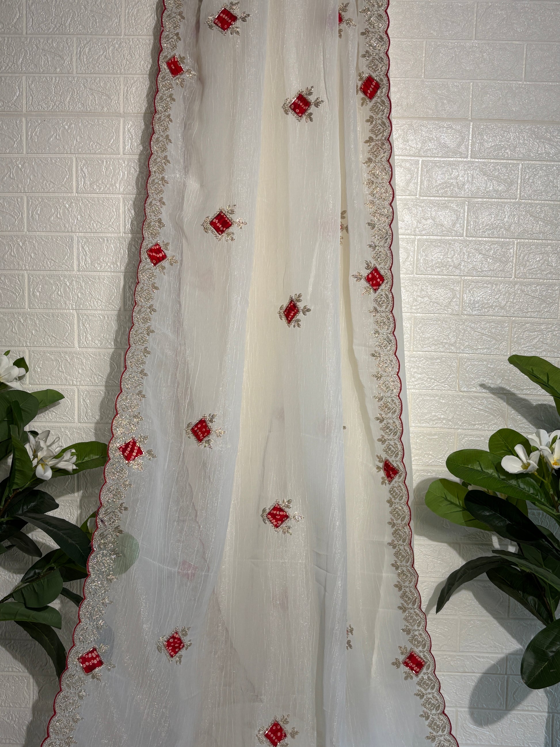 Ivory Soft Silk Saree with Red and Gold Embroidery