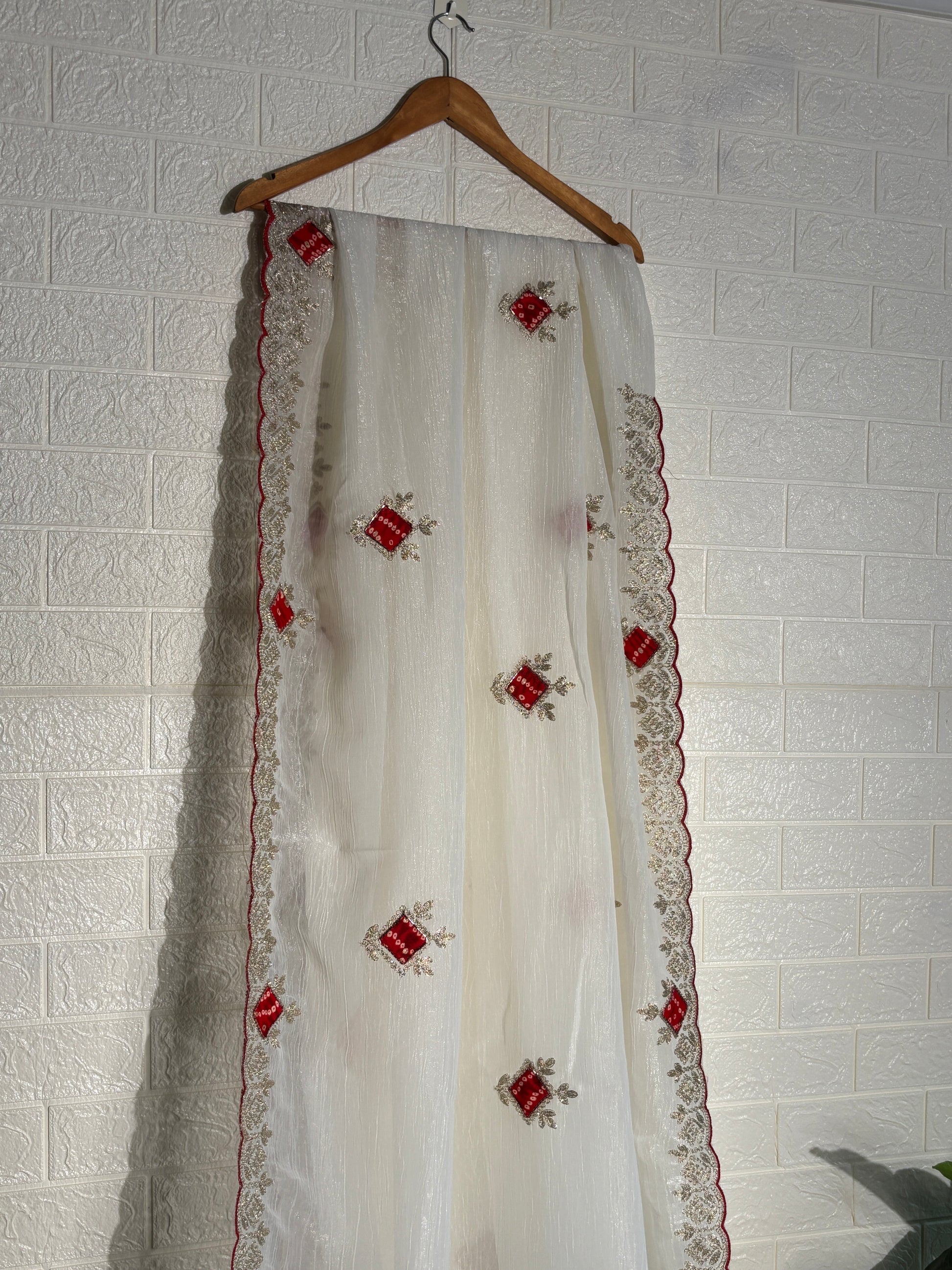 Ivory Soft Silk Saree with Red and Gold Embroidery