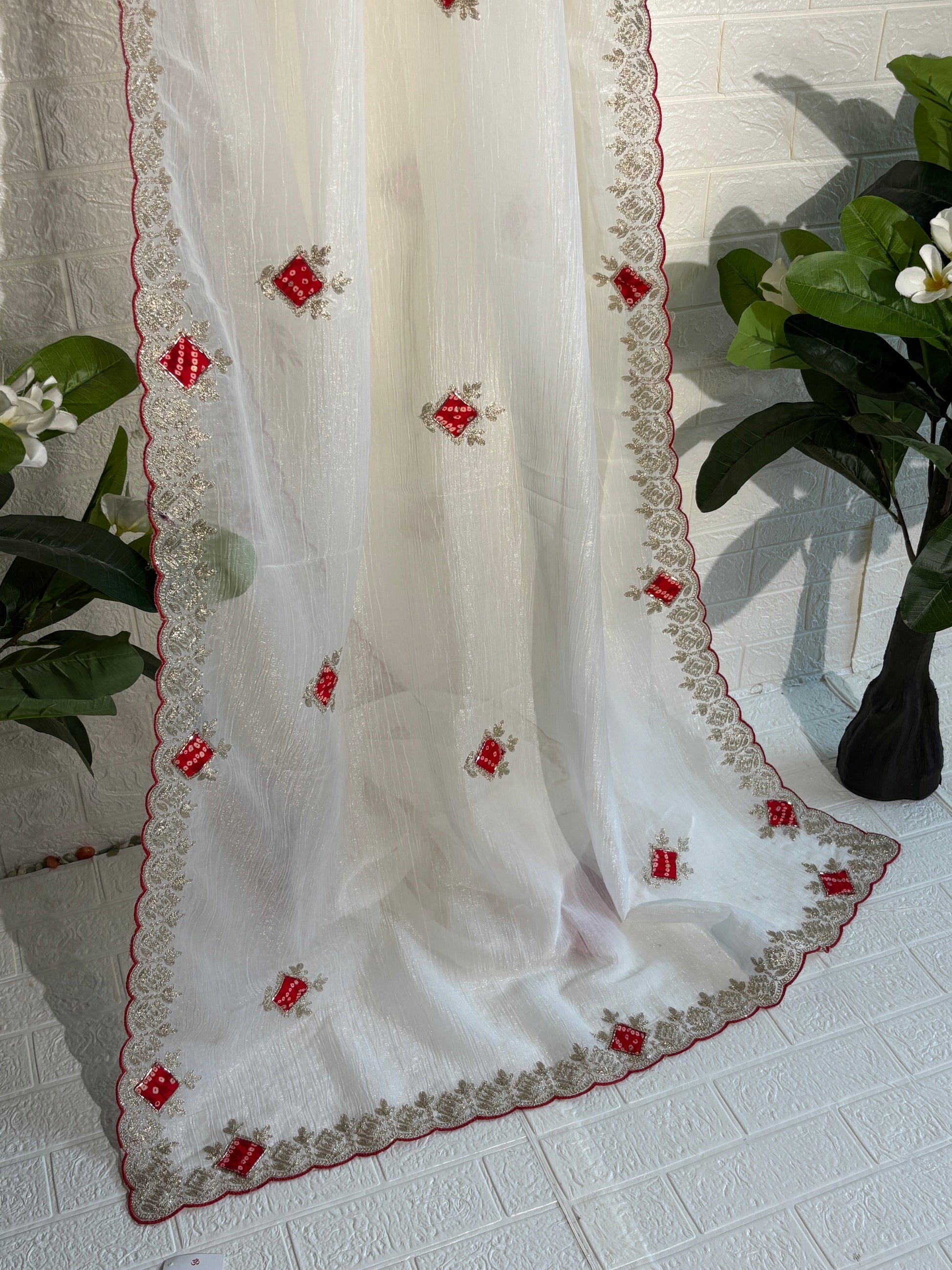Ivory Soft Silk Saree with Red and Gold Embroidery