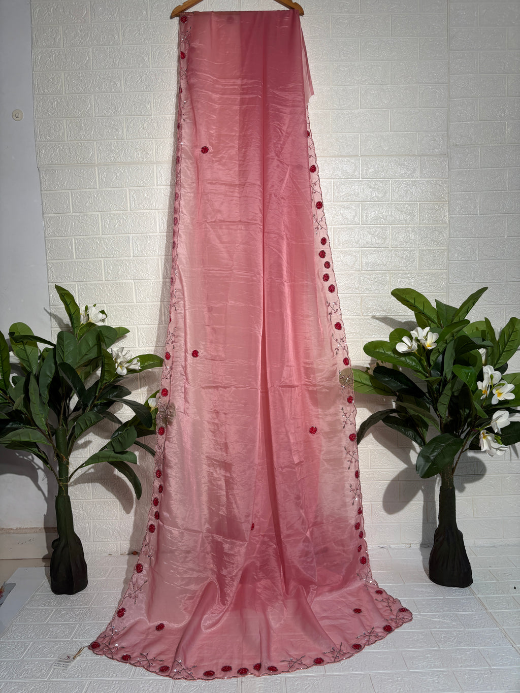 Soft Pink Organza Silk Saree with Floral Sequin Embroidery