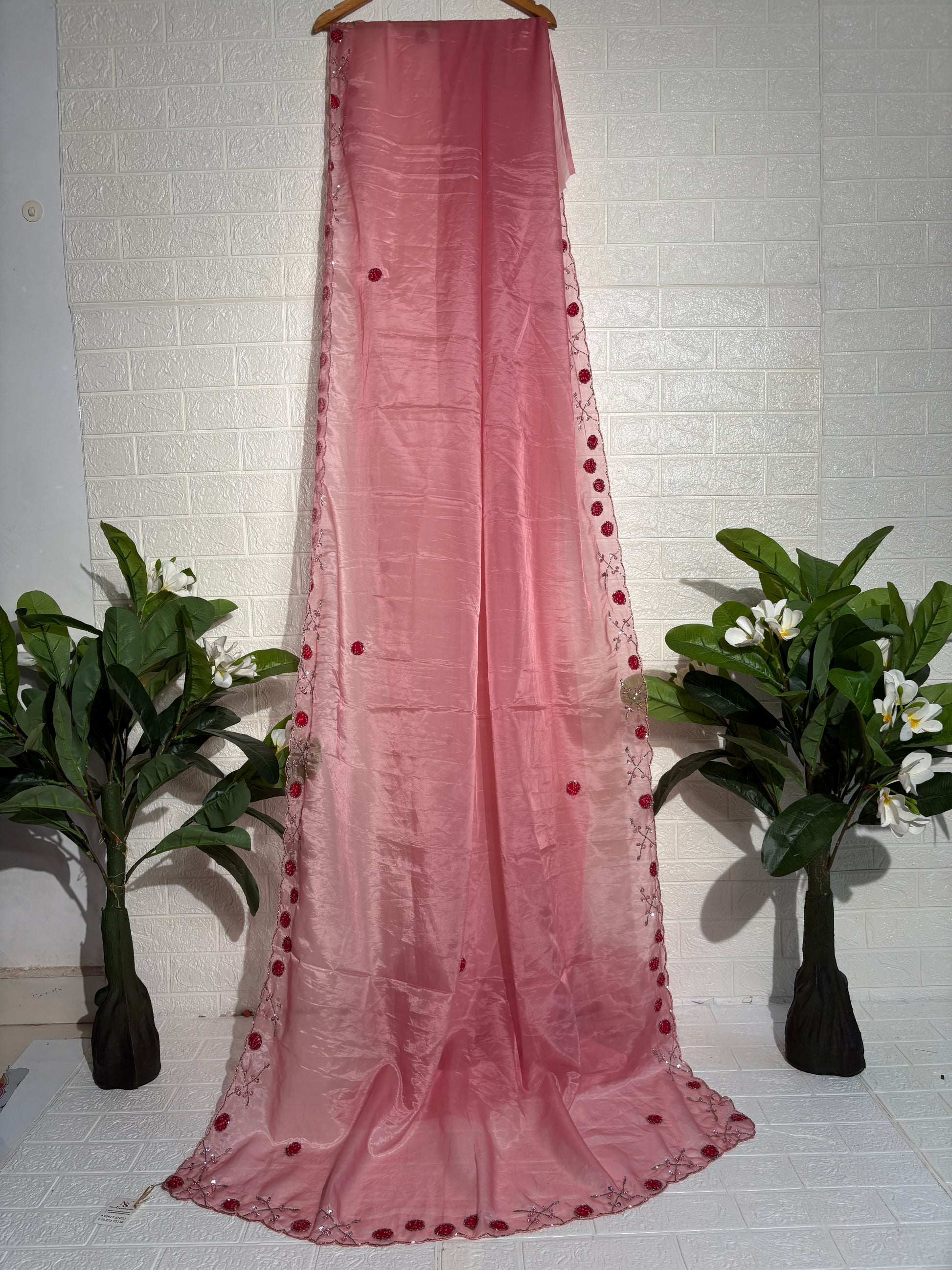 Soft Pink Organza Silk Saree with Floral Sequin Embroidery