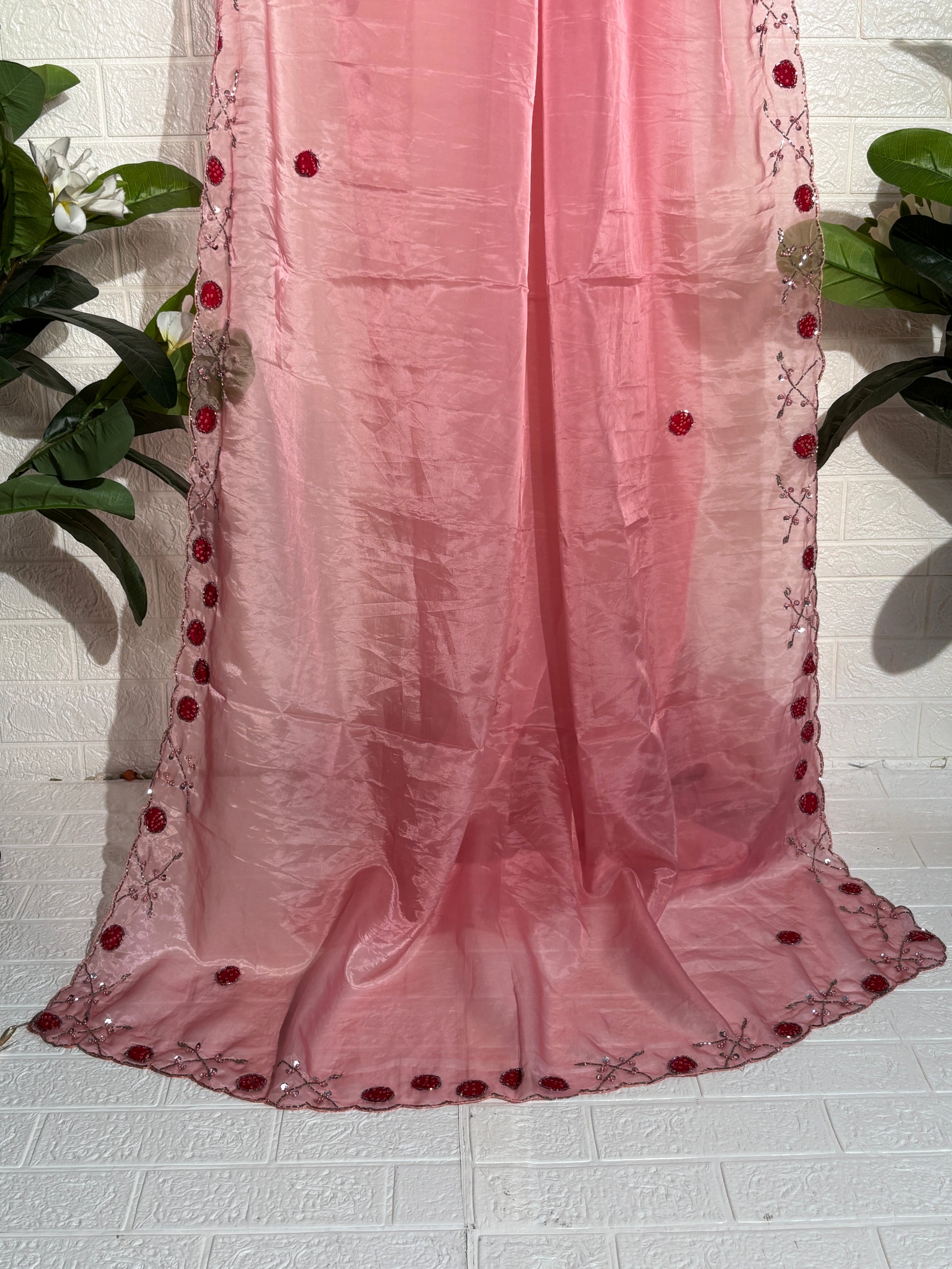 Soft Pink Organza Silk Saree with Floral Sequin Embroidery