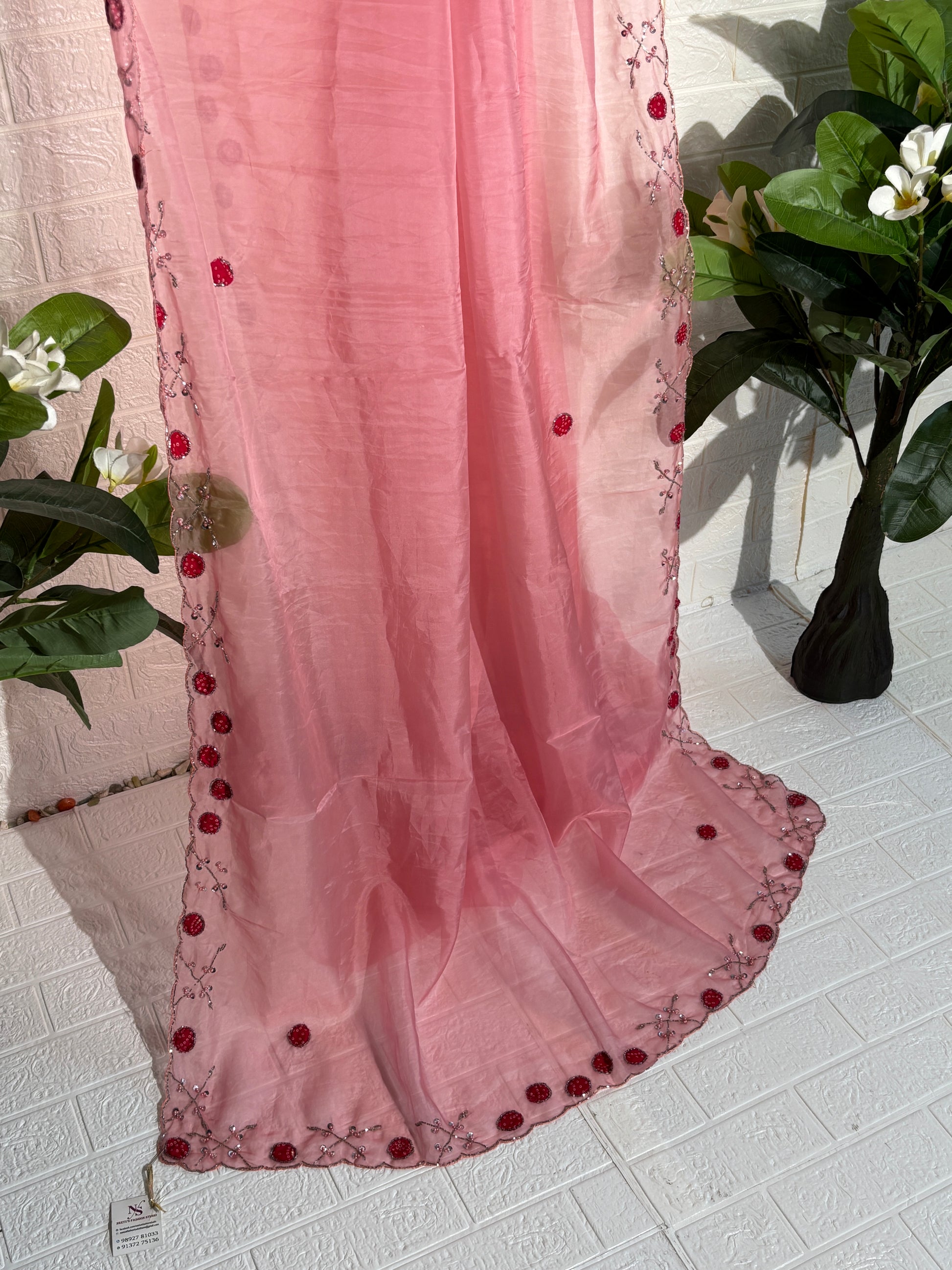 Soft Pink Organza Silk Saree with Floral Sequin Embroidery