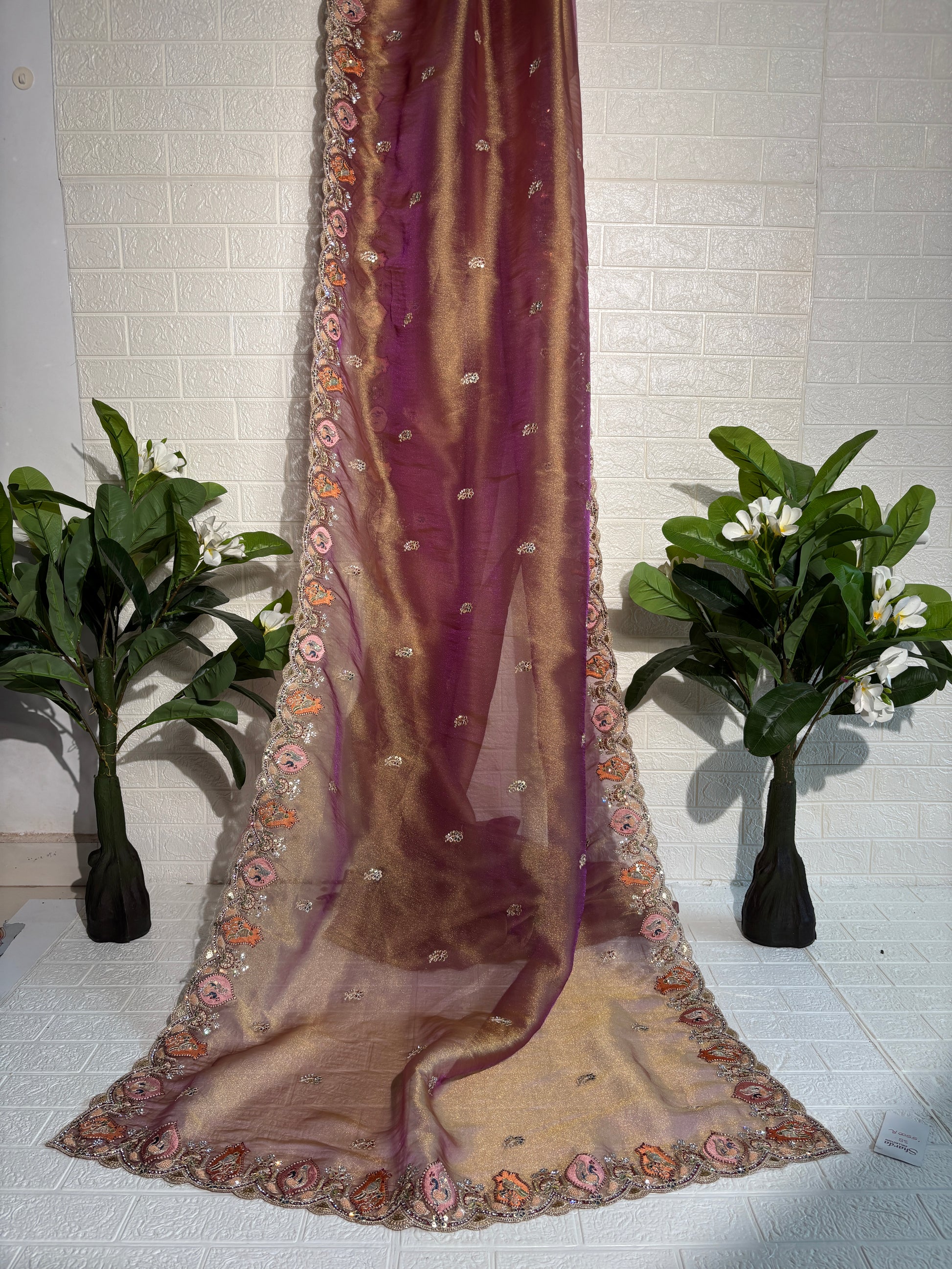 Dual-Tone Mauve and Olive Handloom Organza Saree with Zardozi Embroidery