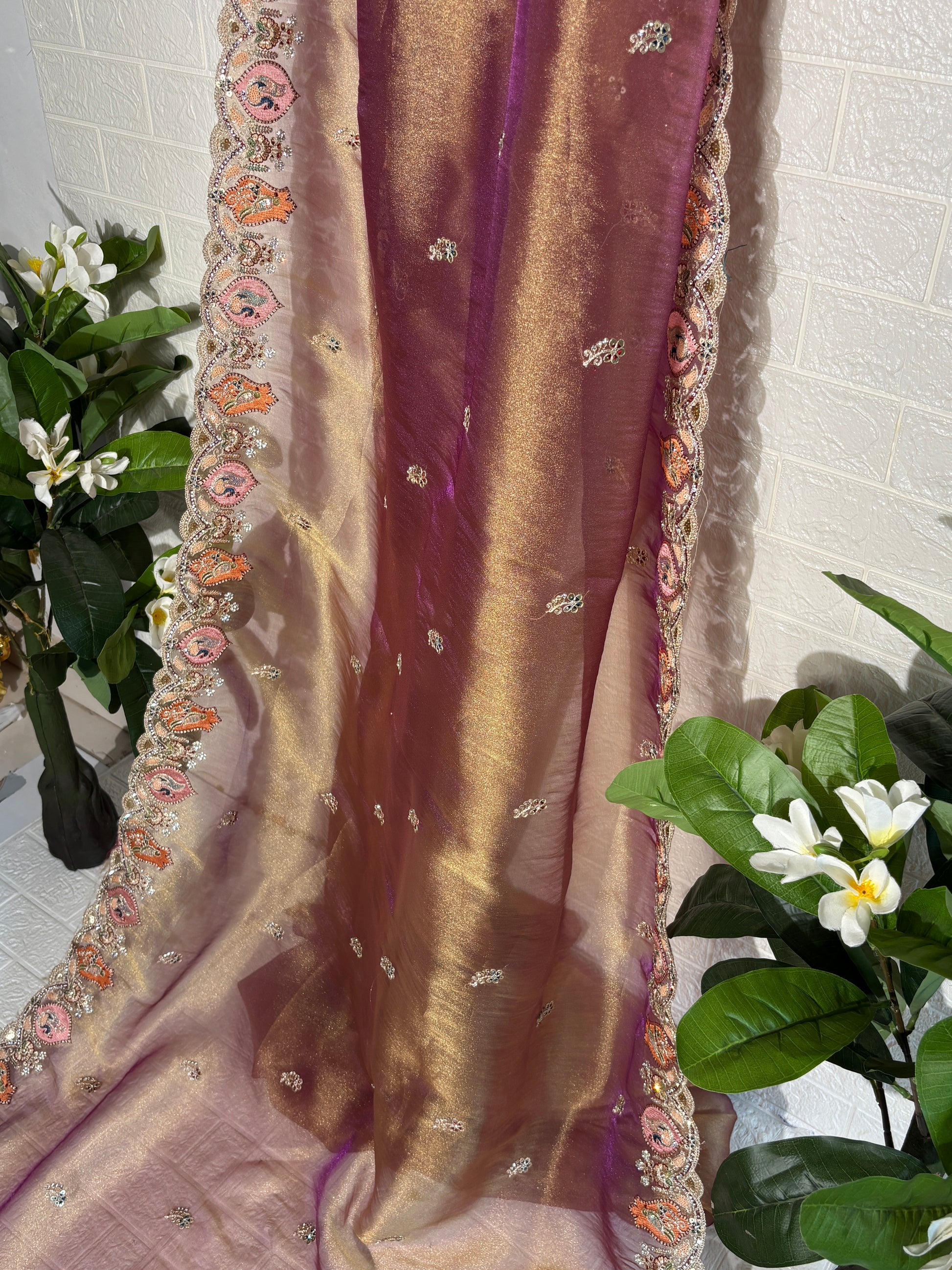Dual-Tone Mauve and Olive Handloom Organza Saree with Zardozi Embroidery