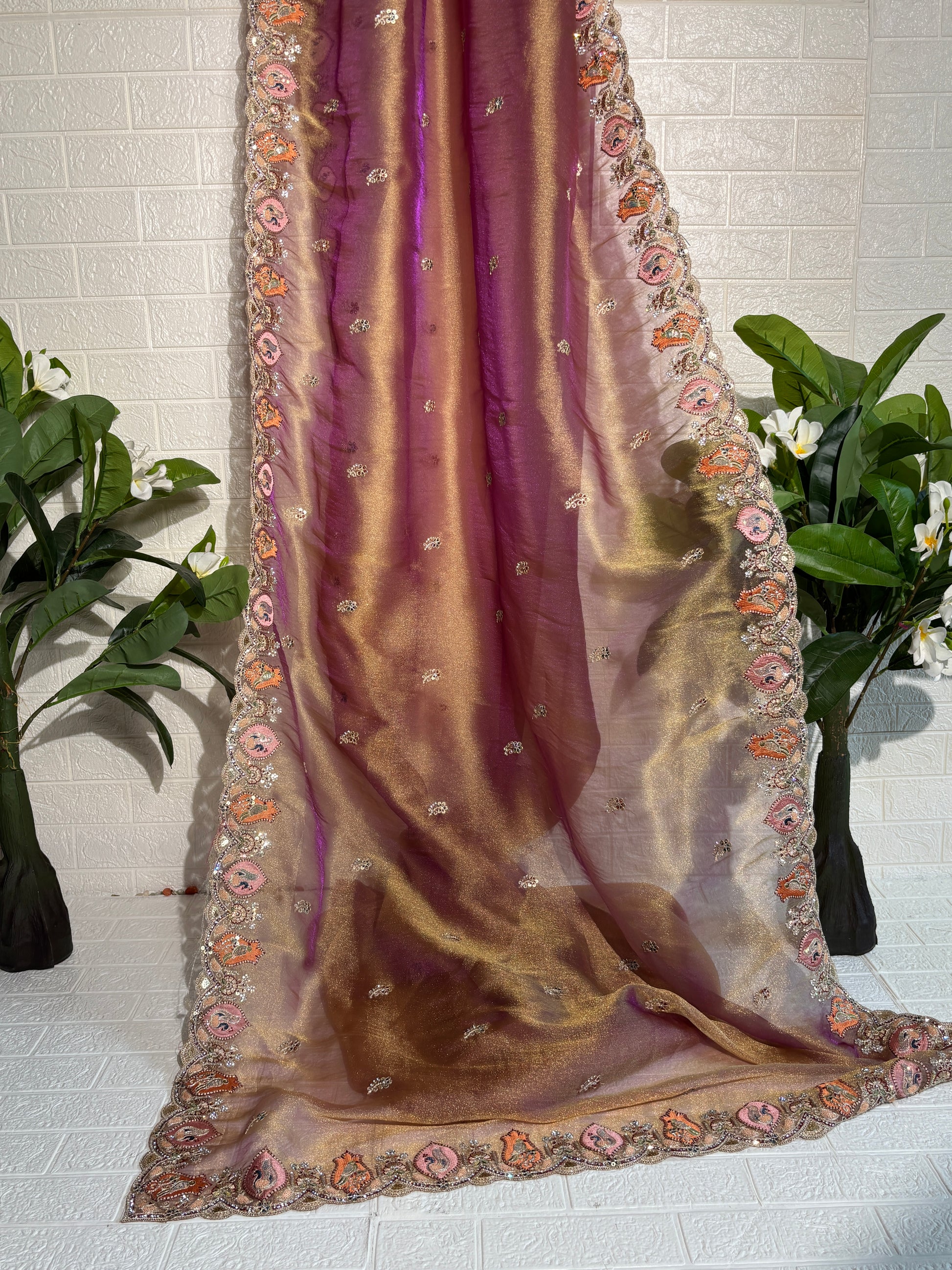 Dual-Tone Mauve and Olive Handloom Organza Saree with Zardozi Embroidery
