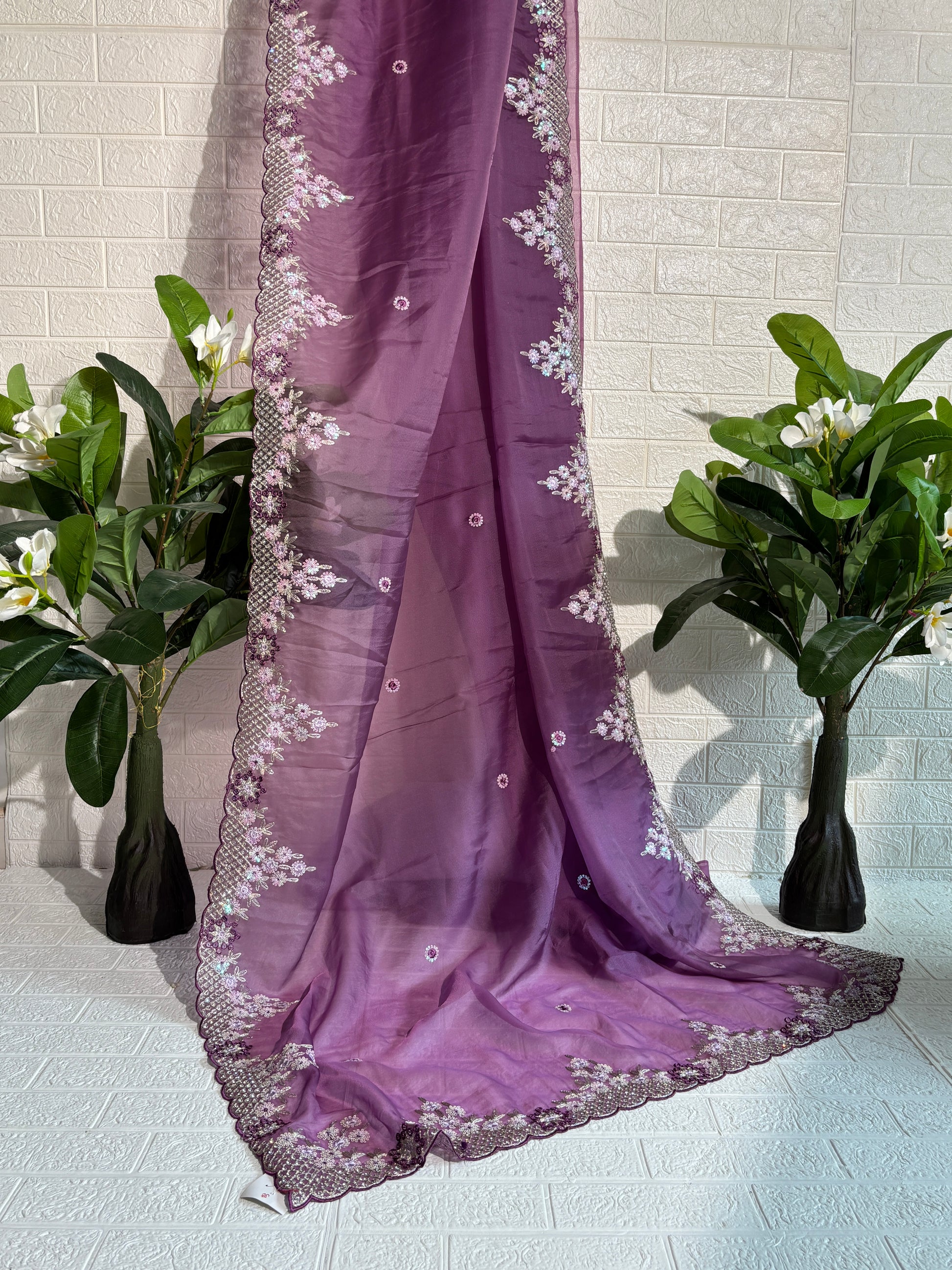 Lavender Organza Saree with Sequin Floral Embroidered Border