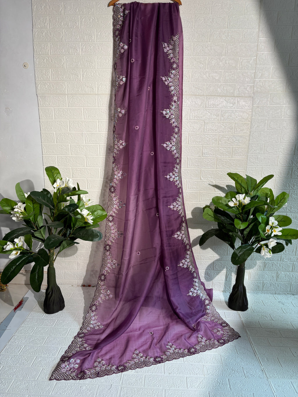 Lavender Organza Saree with Sequin Floral Embroidered Border