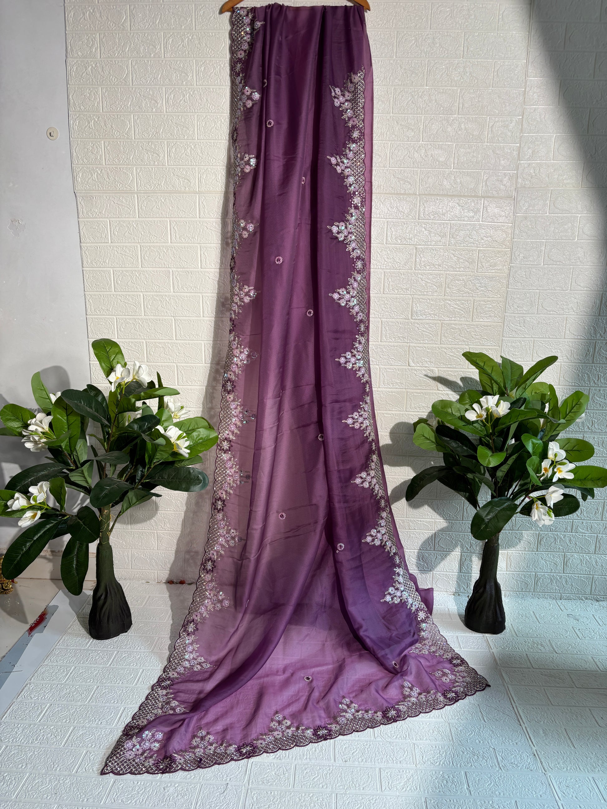 Lavender Organza Saree with Sequin Floral Embroidered Border