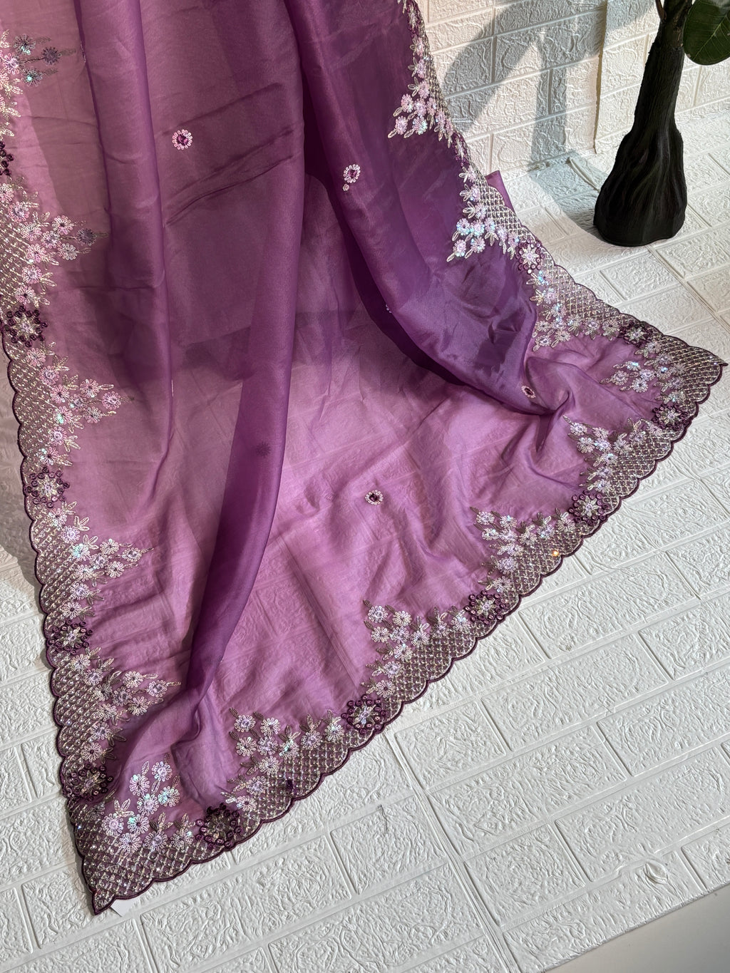 Lavender Organza Saree with Sequin Floral Embroidered Border