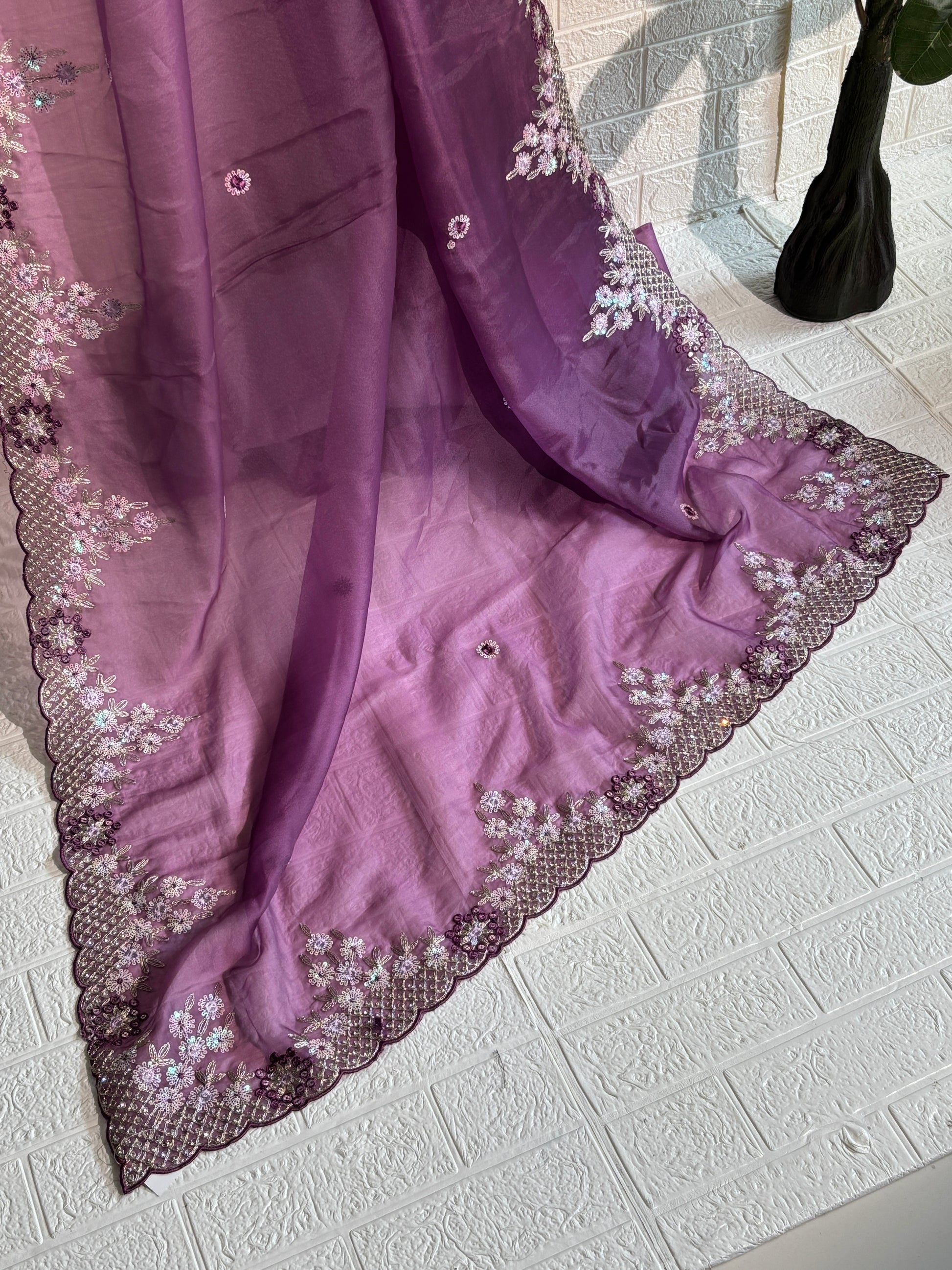 Lavender Organza Saree with Sequin Floral Embroidered Border