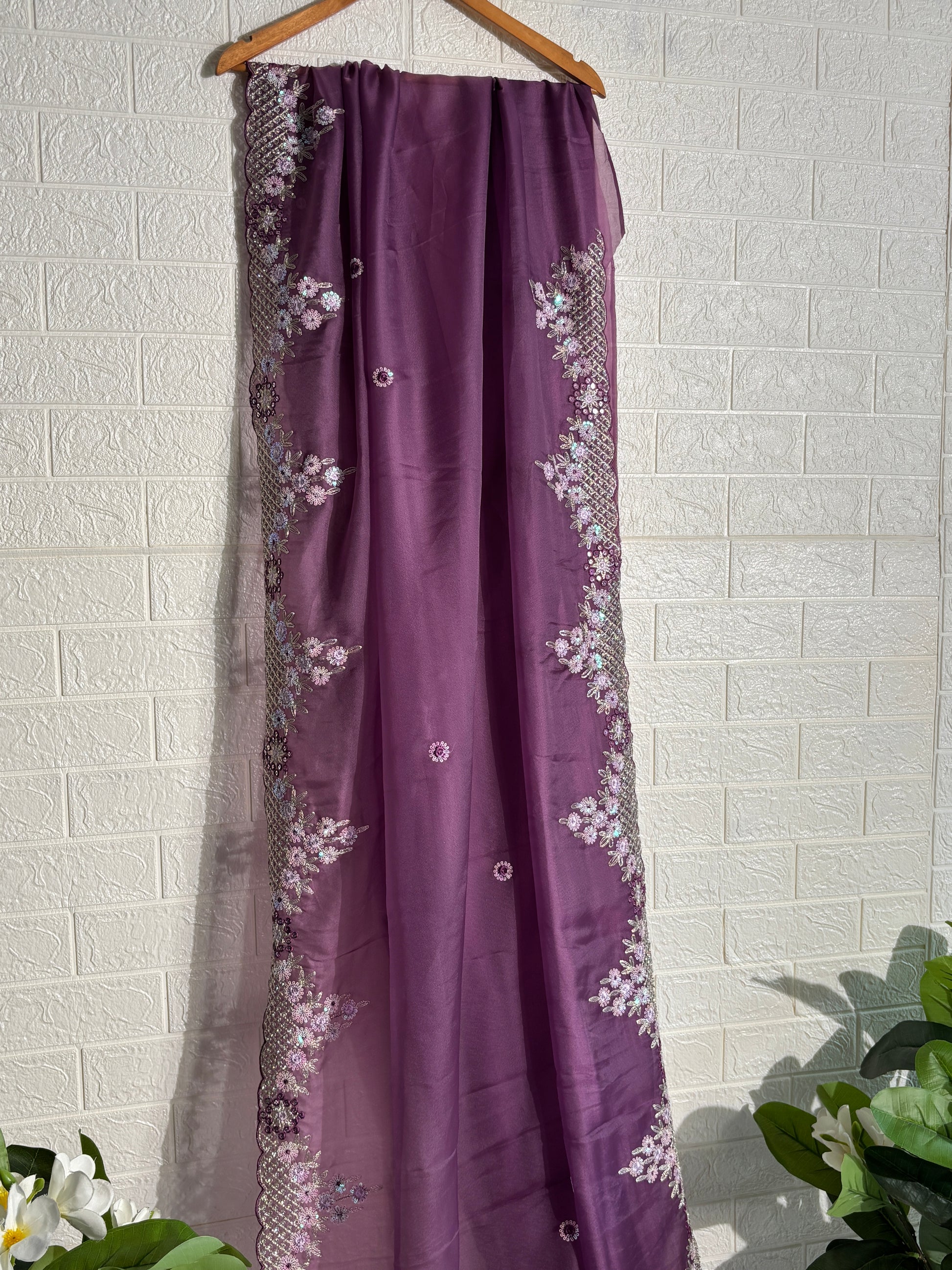 Lavender Organza Saree with Sequin Floral Embroidered Border