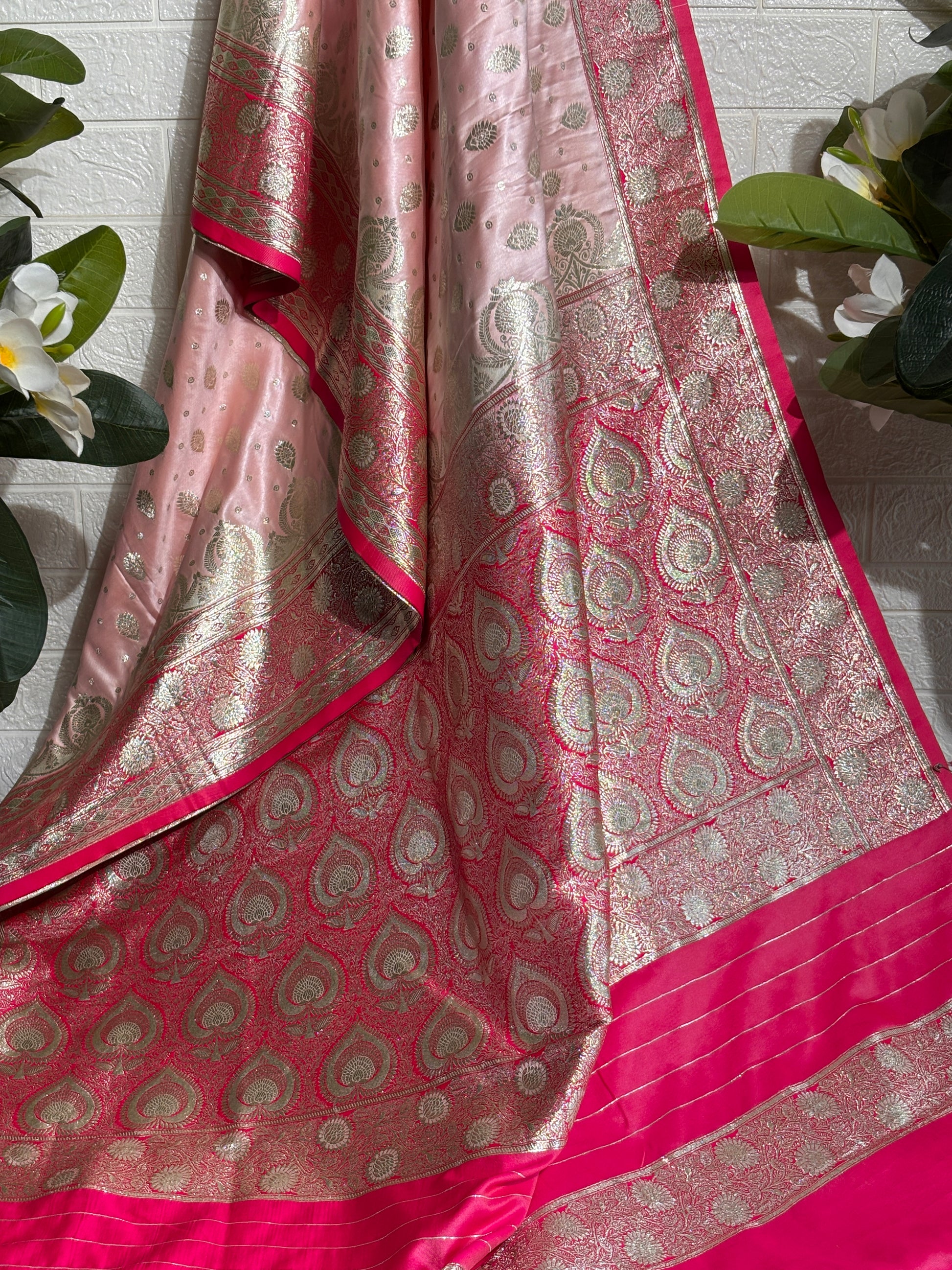 "Blush Pink Banarasi Silk Saree with Fuchsia Border"