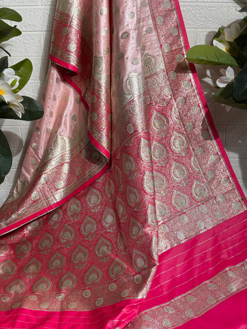 "Blush Pink Banarasi Silk Saree with Fuchsia Border"