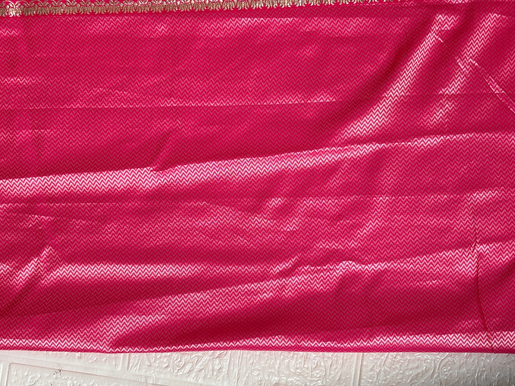 "Blush Pink Banarasi Silk Saree with Fuchsia Border"