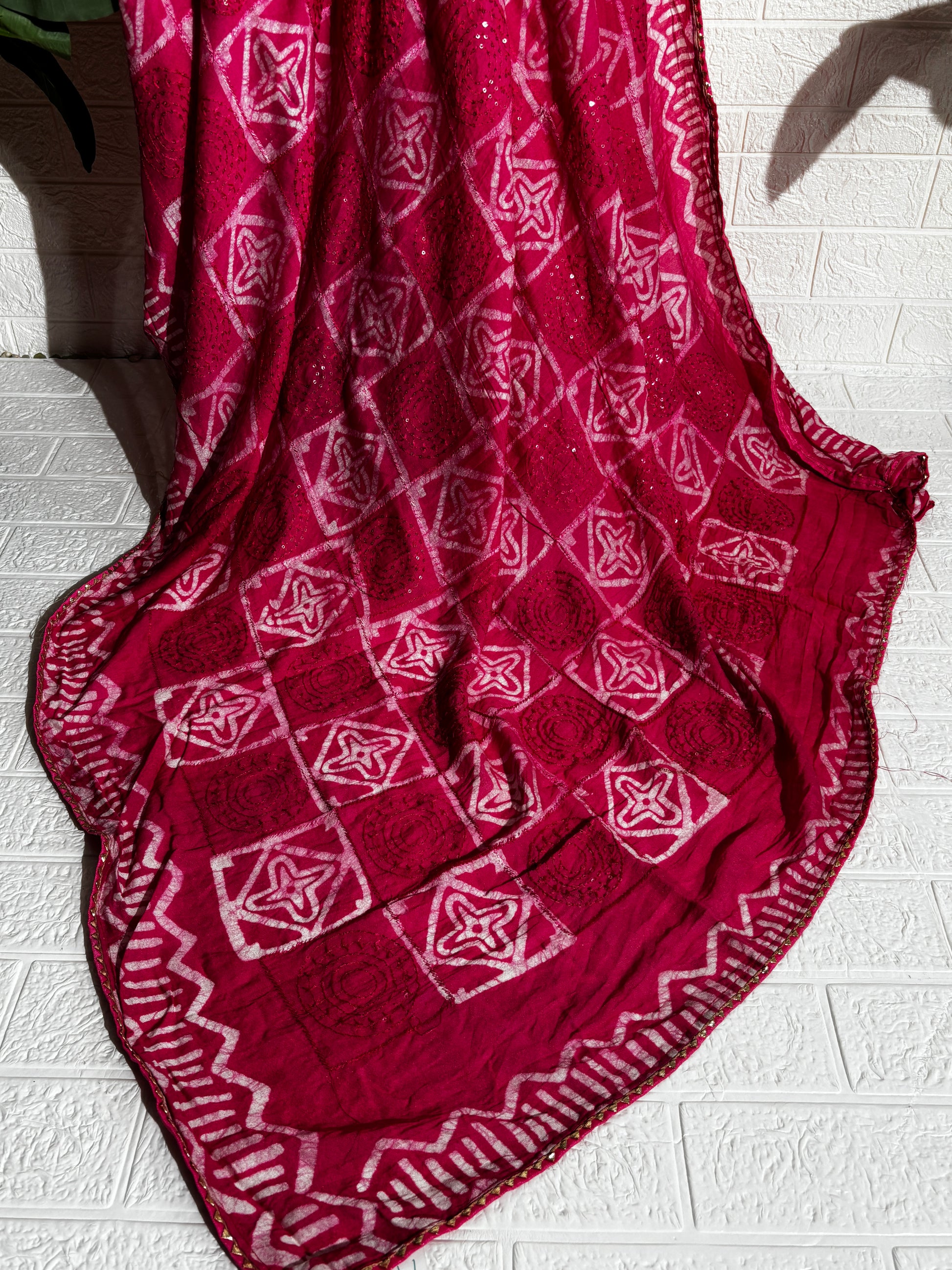 "Rani Pink Bandhani Georgette Saree with Mirror Work"