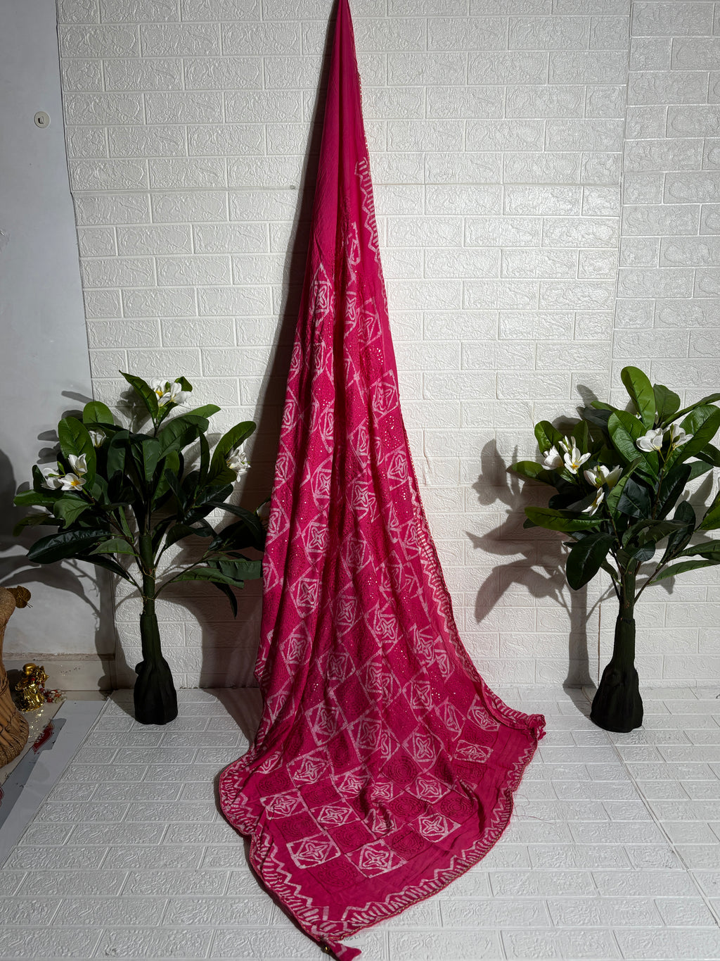 "Rani Pink Bandhani Georgette Saree with Mirror Work"
